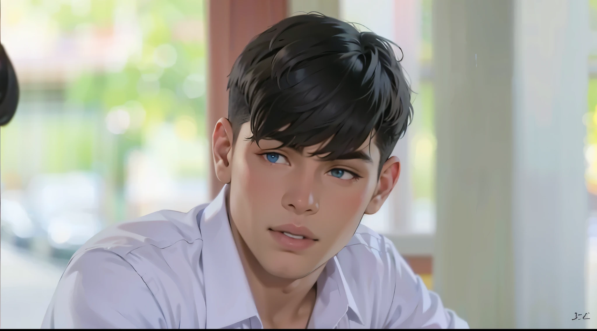 el joven de cabello gris ojos azules esta pensativo hablando  un poco confundido 