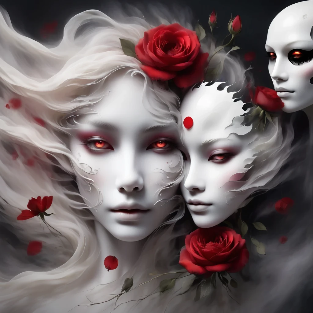 (Hand holding mask:1.5),(White-haired ghost,straight hair,Red eyes),(gothic art),(Fear:1.5),(correct human anatomy:1.37)