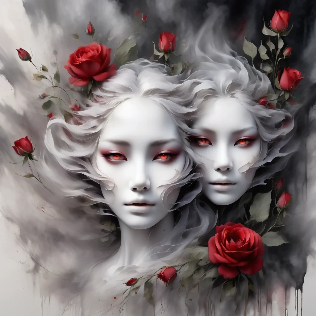 (Hand holding mask:1.5),(White-haired ghost,straight hair,Red eyes),(gothic art),(Fear:1.5),(correct human anatomy:1.37)