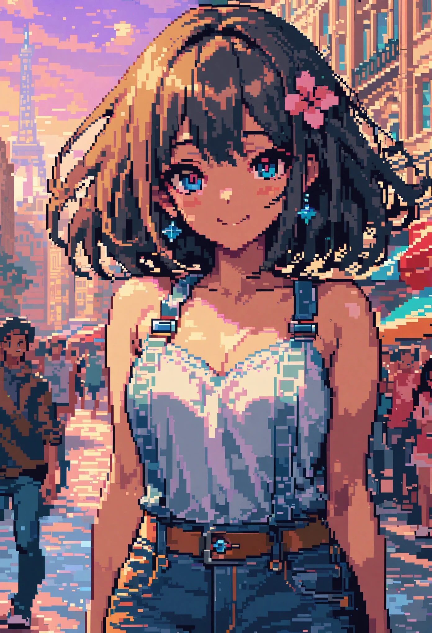 masterpiece, upscale, Super detailed, 8k drawing under CG unity, A woman looks directly at the observer, Summer subjects, Charming and happy expression, In the heart of Paris, Smile, long black hair，Denim style.Pixel Art