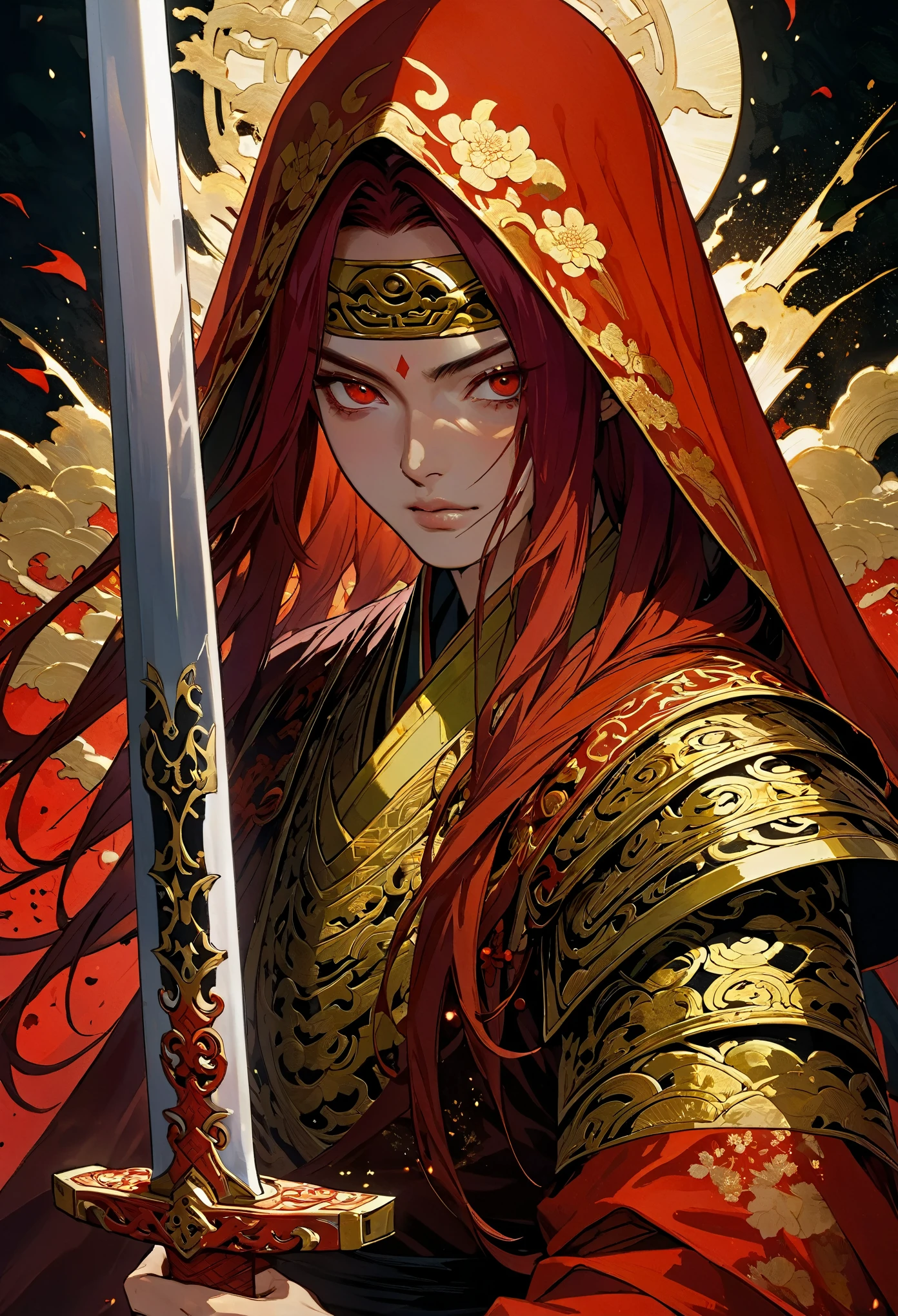 ((8K:1.4)), Impeccable, accuracy, (high resolution:1.2), (Very detailed), high quality, (masterpiece:1.8), ((Extreme close-up of huge sword blade)),(((Very detailed的中国少女特写肖像画))),The girl drew her sword,, (pain), (long unkempt red hair), (Red_sclera:1.2), (Blood all over the face:1.6)((anatomically accurate:1.6)),(((evil eye:1.6))), (((深Red宽大剑刃))),(Close-up of part of the broad sword blade),Covering half of the face,((Stand upright in front of your face)),The blade and the face each occupy half of the frame,Red and black blood splatter background,Red-eyed,Red Chinese costume,gold embroidery,