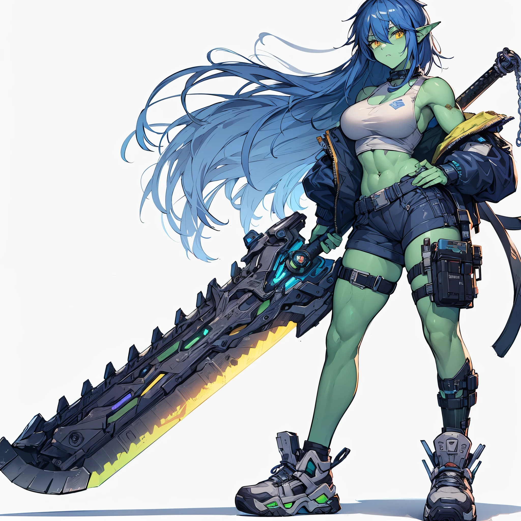 (masterpiece, Best Quality), (Perfect athlete body:1.2), (detailed hairs), Ultra-detailed, Anime style, solo, Cyberpunk orc girl, Muscular but feminine body shape, wearing a work uniform, night blue hair and yellow eyes, pale green skin, holds a huge creaver sword, wears high tech sneakers, standing in wasteland, white background, whole body,