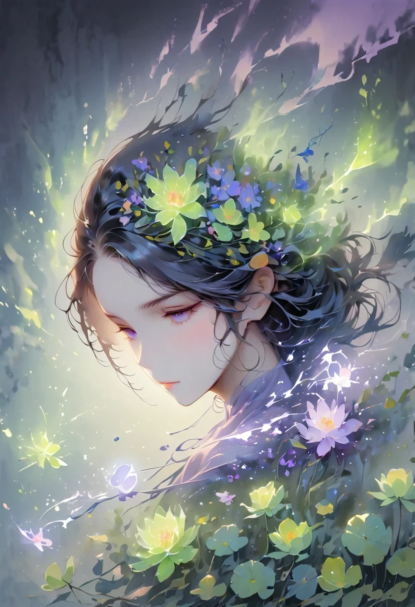 (1 person, beautiful witch:1.2), purple eyes, brown hair, undercut,look down, alone, half shot, Detailed background, Detailed face, (V0id3Energy, empty theme:1.1) mage, Black light armor robe, clear expression, green color scheme, dark green light, rock call circle, bright magic text, dark atmosphere, shadow, Realistic lighting, floating particles, spark, surrounded by purple light, rock call, (thick melting candles:0.8), Purple arcane symbol, Eyes long for power, Broome SCG,
