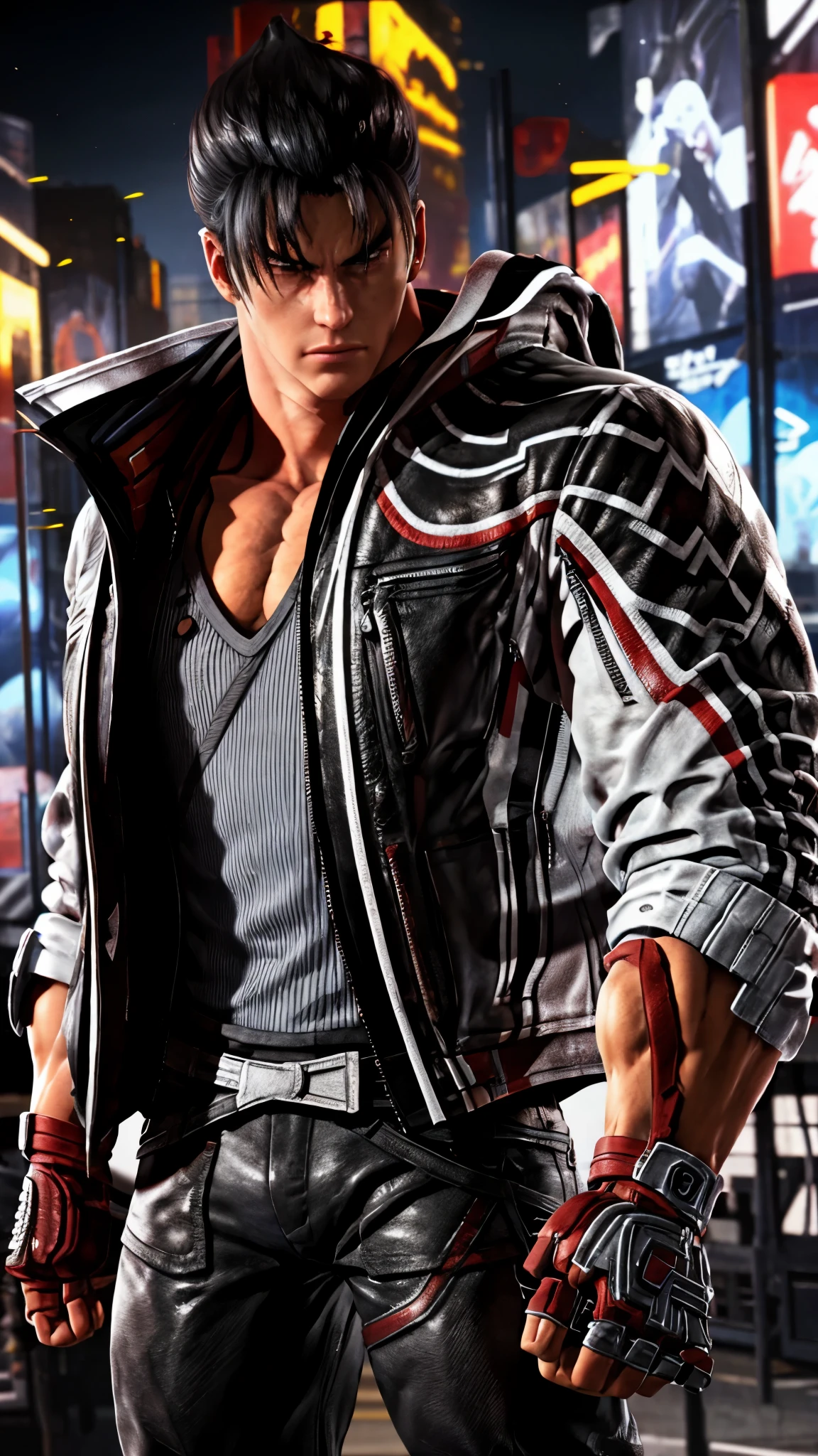 masterpiece, best quality, male focus, jin kazama, jacket, fingerless gloves 