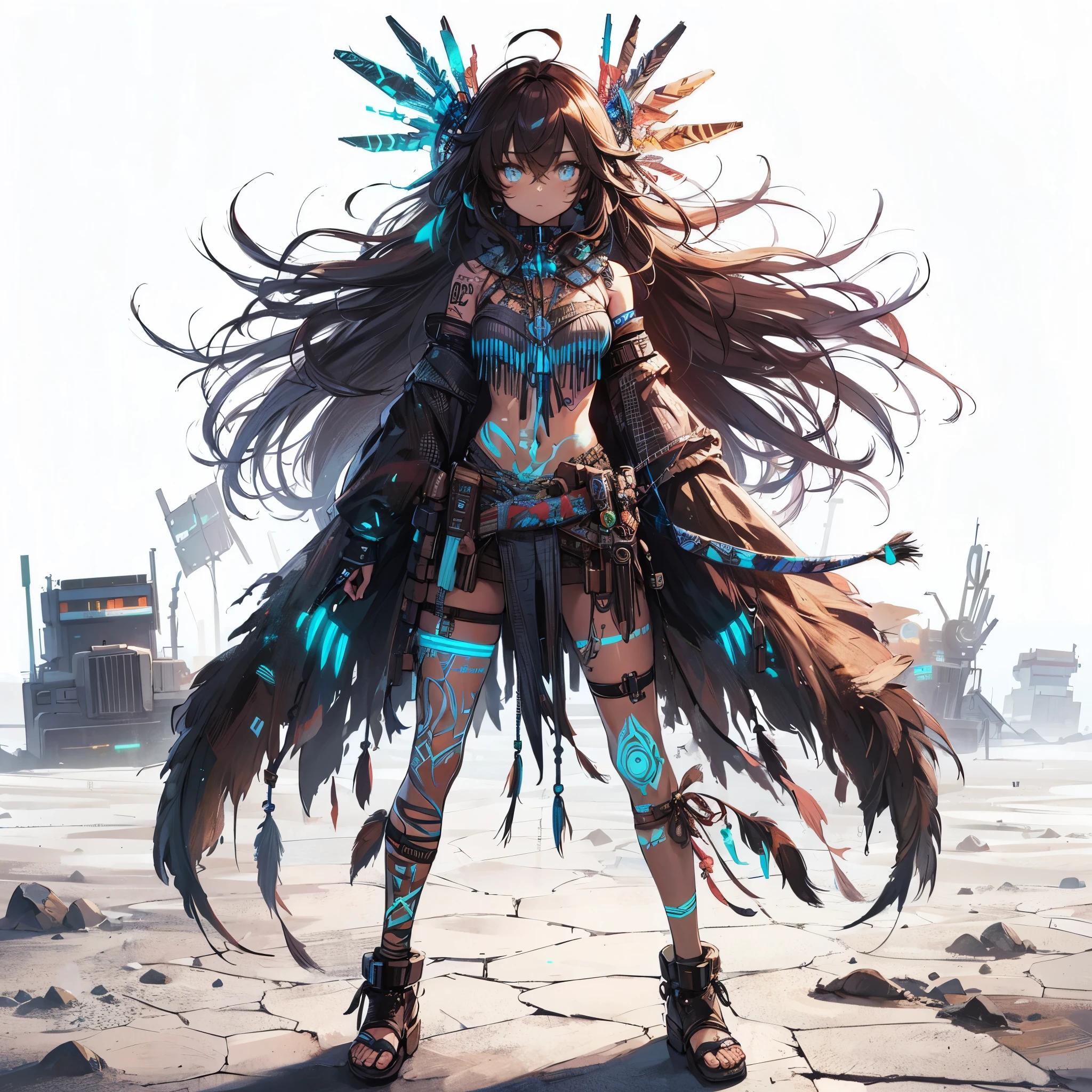 (Masterpiece, best quality), (perfect athlete body: 1.2), (detailed hair), super detailed, anime style, full body, Cyberpunk Witch Doctor Girl, dark brown hair and brown skin, glowing neon blue eyes and full body neon light tattoos, dressed in native American ethnic costume, wearing sandals, standing in wasteland, digital painting, 8K high resolution, art station trend, white background, whole body,
