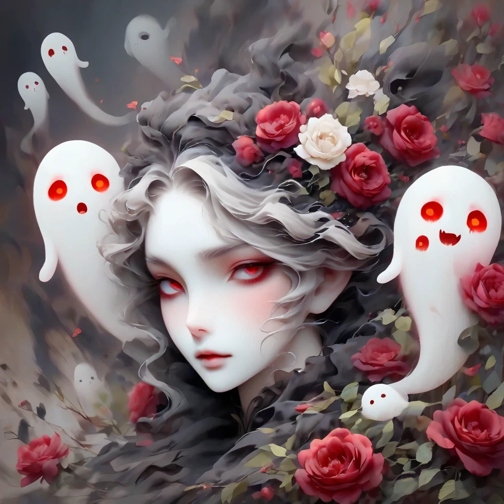 (Hand holding mask:1.5),(White-haired ghost,straight hair,Red eyes),(gothic art),(Fear:1.5),(correct human anatomy:1.37)