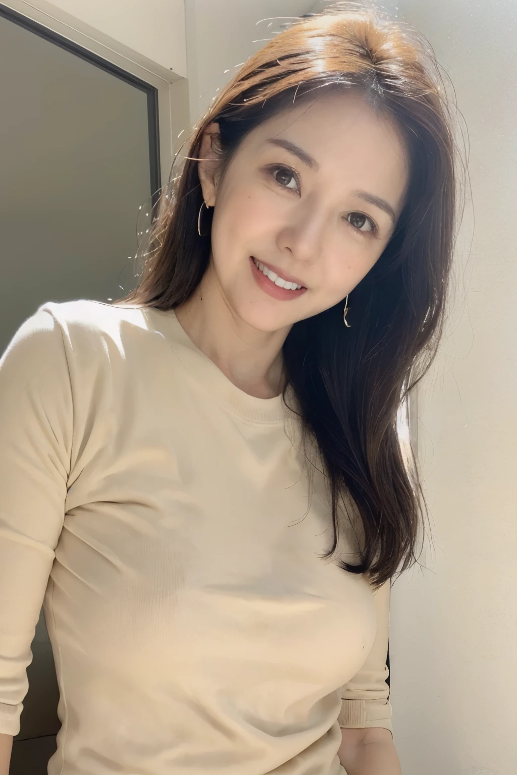 NSFW, ((Best quality)), ((8K)), ((Masterpiece: 1.3)), (Perfect appearance), (Photorealism: 1.2), Japanese woman, (38 years old), married woman, realistic skin texture, fine lines all over the skin, dullness, lack of moisture, wrinkles on the face, wrinkles at the corners of the eyes, double eyelids, crying moles, Her lips are thinly parted, the corners of her mouth are raised in a gentle smile, dimples, long hair, ((full body)),