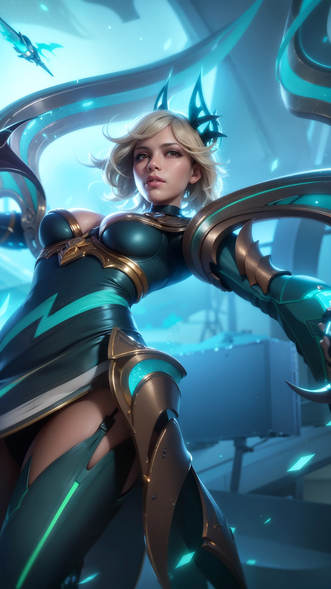 A woman in a green outfit holding a sword and a sword - SeaArt AI