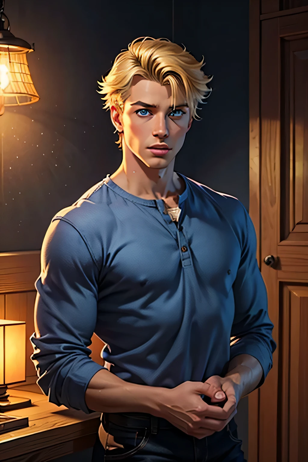 (Best quality, realistic, male), 15 years old, (1 boy), detailed eyes, detailed lips, blonde hair, combed hair, blue eyes, standing, cozy atmosphere, soft lighting, calm environment, masculine