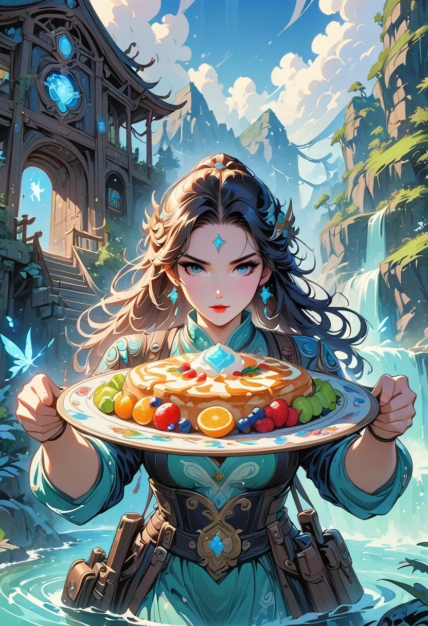 actual, real life, Beautiful breakfast table by the water,background designed by greg rutkowski, Laurie Greasley style, Studio Ghibli, Giovan Tarantino, James Gillard, Genshin Impact, pixiv trend fan box, Acrylic palette knife, 4K, (bright colors), (bright color contrast), (Highly saturated), become, Artstation trends
