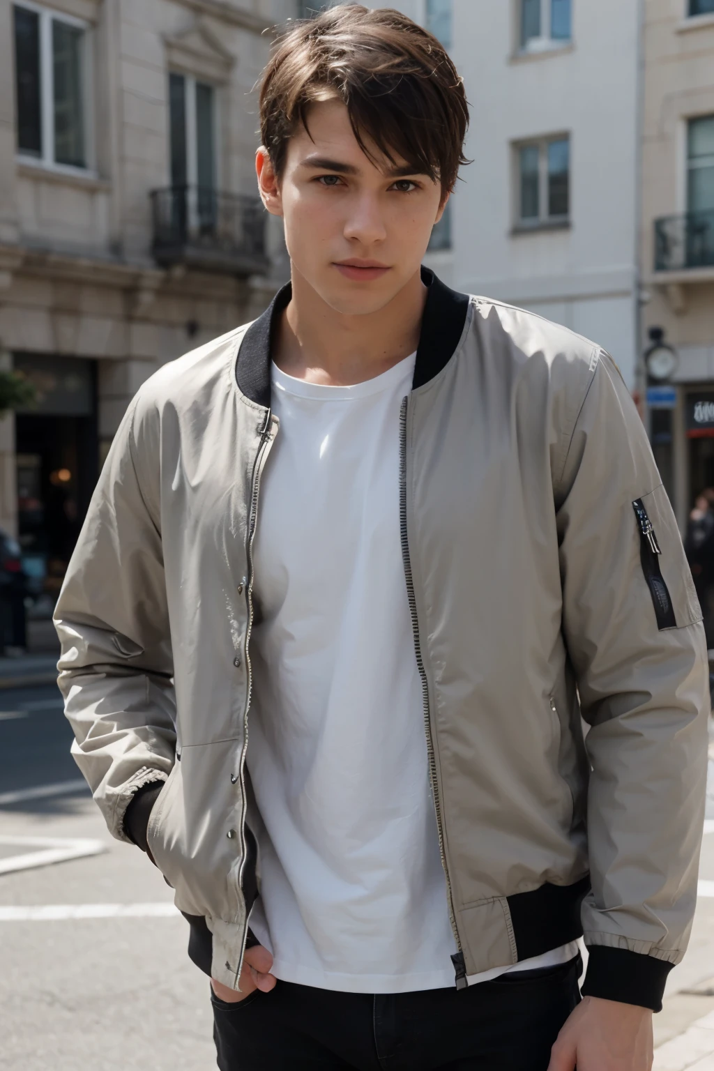 Create a super realistic image of a young guy, about 20 years old, dressed in a stylish jacket. The guy should be standing in profile or semi-profile, with a confident expression on his face. Please make sure the jacket looks fashionable and fits well on the guy's figure. The background of the image should be pure white. Please provide a high level of realism and detail