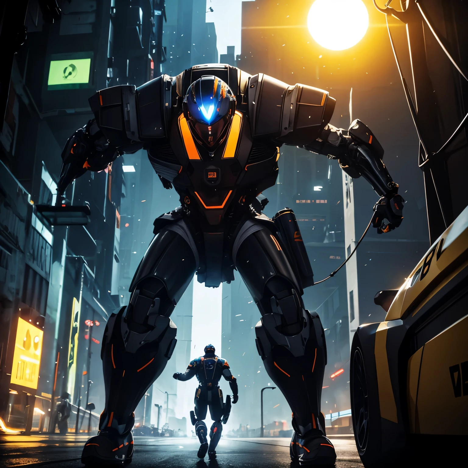 Michel is a sprinter. His mechanical suit can control a humanoid, having a cyberpunk Cyberpunk watch on his right wrist, ele consegue projetar uma espada de plasma quente da cor amarela e laranja como o sol. The boy is short, tem cabelos curtos preto. It has enormous strength, e consegue pular muito alto.