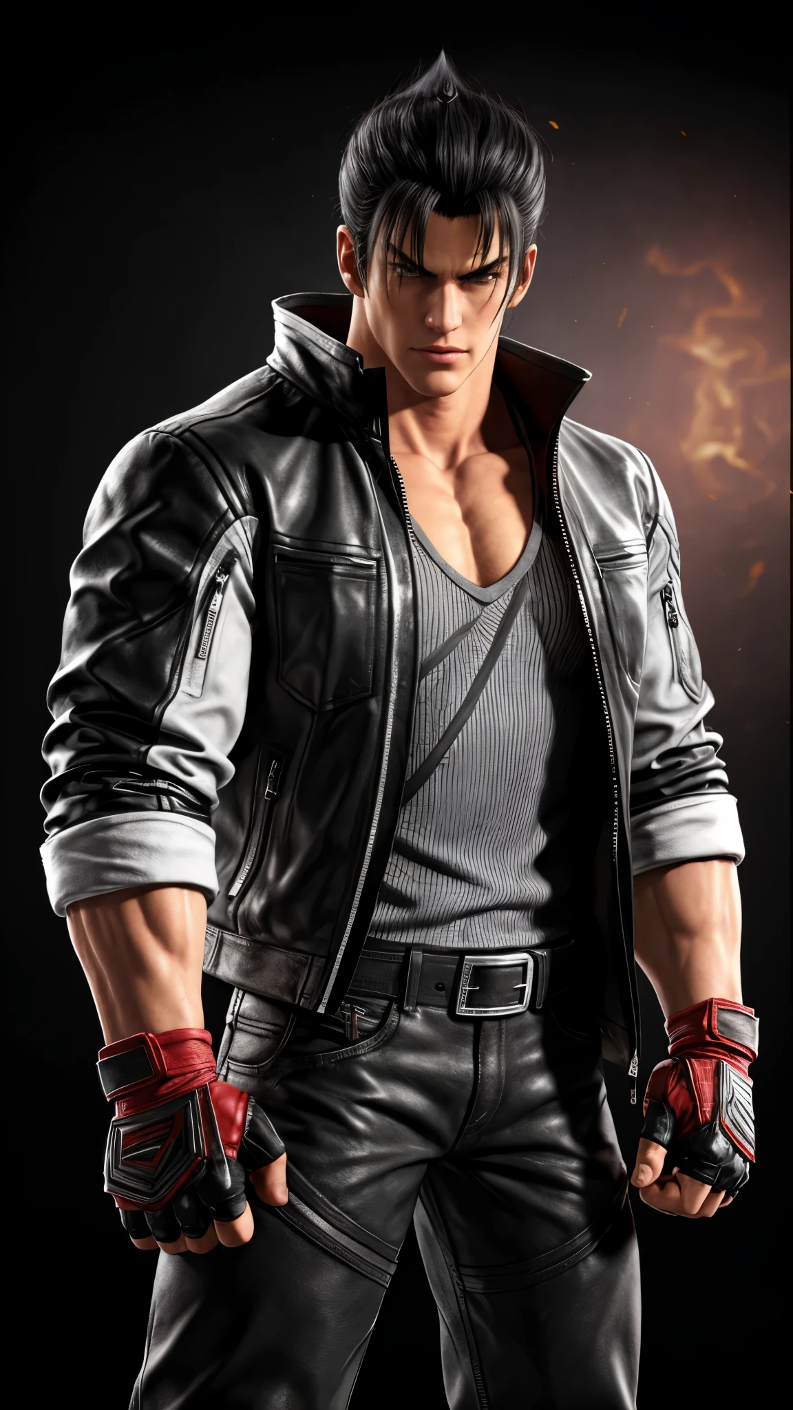 masterpiece, best quality, male focus, jin kazama, jacket, zipper, fighting stance, fingerless gloves, shirt, 