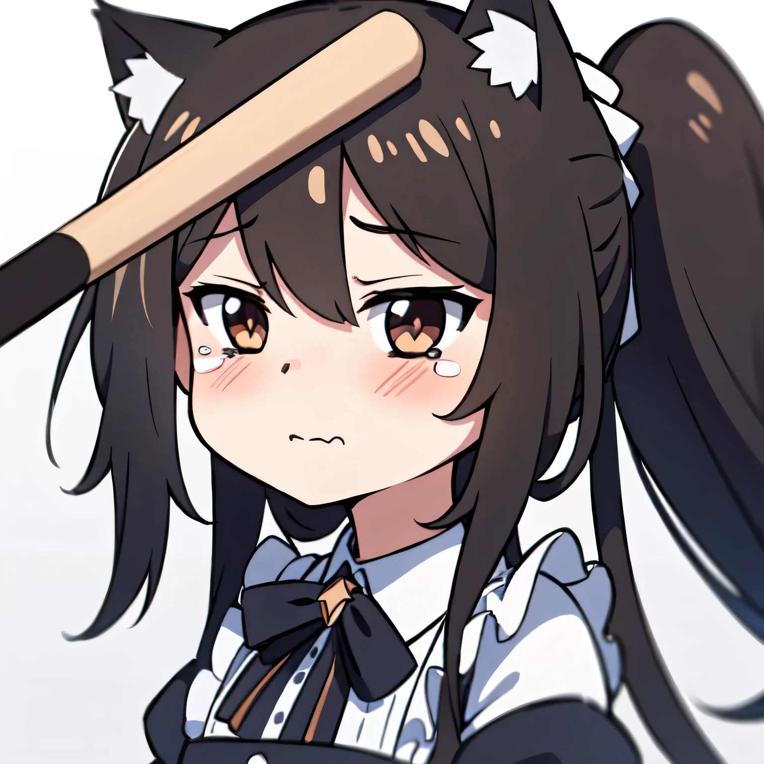 Masterpiece, 8k, Best Quality, Highly detailed, depth of field, 1girl, gray eyes, baseball bat, (hit on the head:1.4), cat ears, maid, long brown hair,  expressive eyes, perfect face, blushing, wavy mouth, tearing up, tears, HornyJail,  chibi, emoji, icon, white background, 