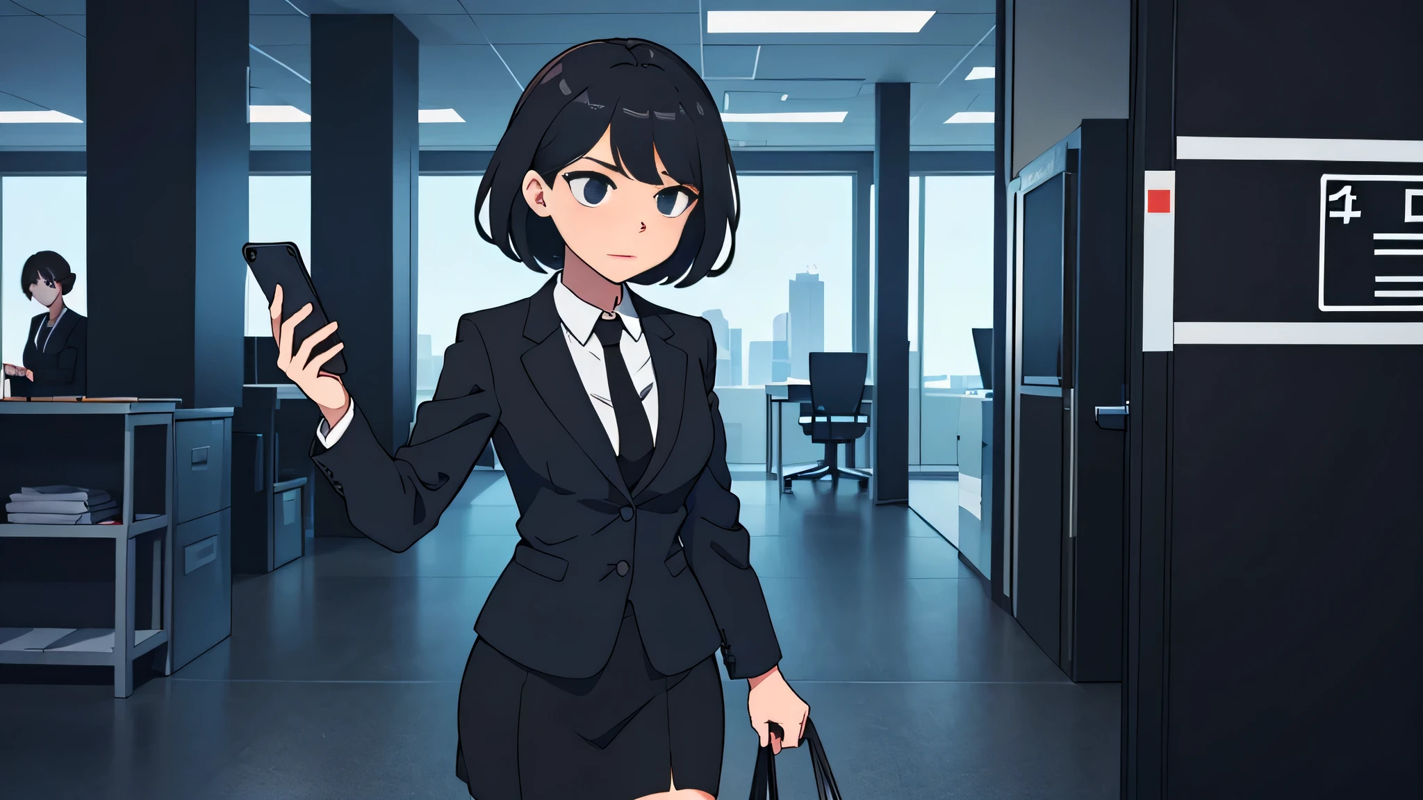 A woman in the workplace,Wearing a black suit,Black tight hip skirt and black,One hand holding mobile phone,Looking at the phone screen with a serious look on his face,The way a character walks,No background,Blank white minimalist background,anime style,Two-dimensional animation style,The ultimate full body portrait,comic style,A woman in the workplace拿着手机走在空旷的机场大厅,There are no background characters,There is only one woman in the middle of the picture