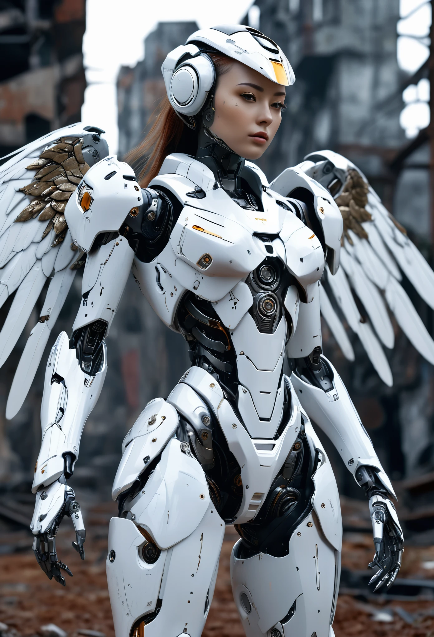 ((masterpiece, highest quality, Highest image quality, High resolution, photorealistic, Raw photo, 8K)), Abandoned robot soldier on battlefield, broken and immobile, futuristic robot angel, amazing angel wings, rust and moss showing passage of time, female cyborg body, female body, biomechanical , extra detailed body, blowjob white mech, white biomechanical details, detailed body, shiny white armor, cybernetic body, eva unit-00 on back, full body details, beautiful cyborg angel girl, graceful wings, outdoor, destroyed abandoned city background, Full Body Shot