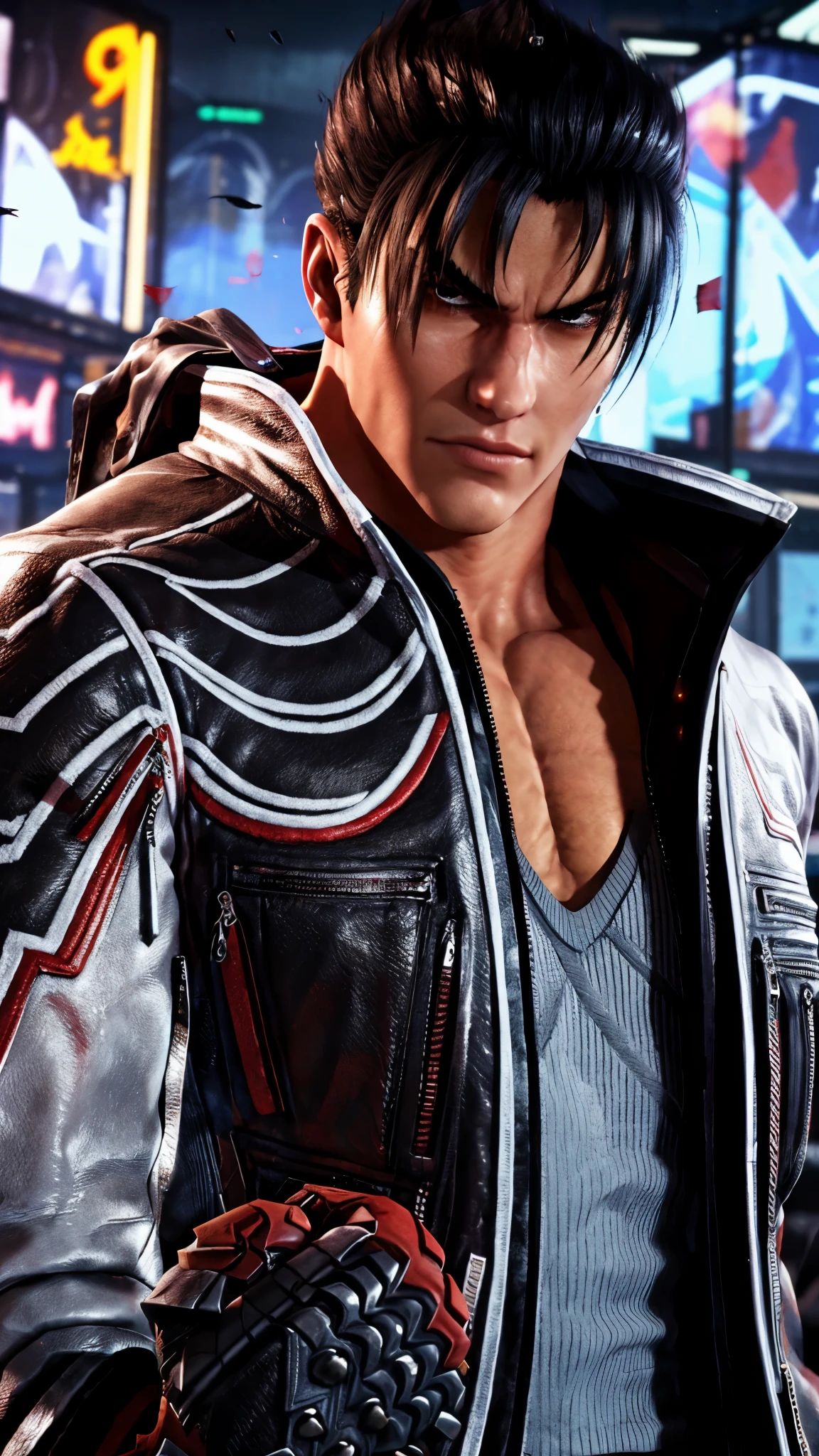 masterpiece, best quality, male focus, jin kazama, jacket, fingerless gloves, looking at viewer,  