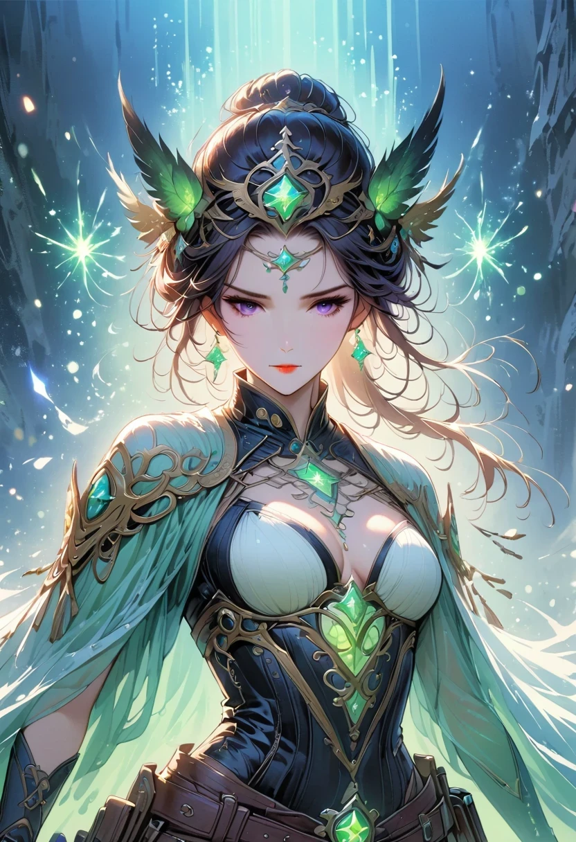 (1 person, beautiful witch:1.2), purple eyes, brown hair, undercut,look down, alone, half shot, Detailed background, Detailed face, (V0id3Energy, Empty topic:1.1) mage, Black light armor robe, definite expression, green color scheme, dark green light, rock call circle, bright magic text, dark atmosphere, shadow, Realistic lighting, floating particles, spark, surrounded by purple light, rock call, (thick melted candle:0.8), Purple arcane symbol, Eyes long for power, Bloom SCG,