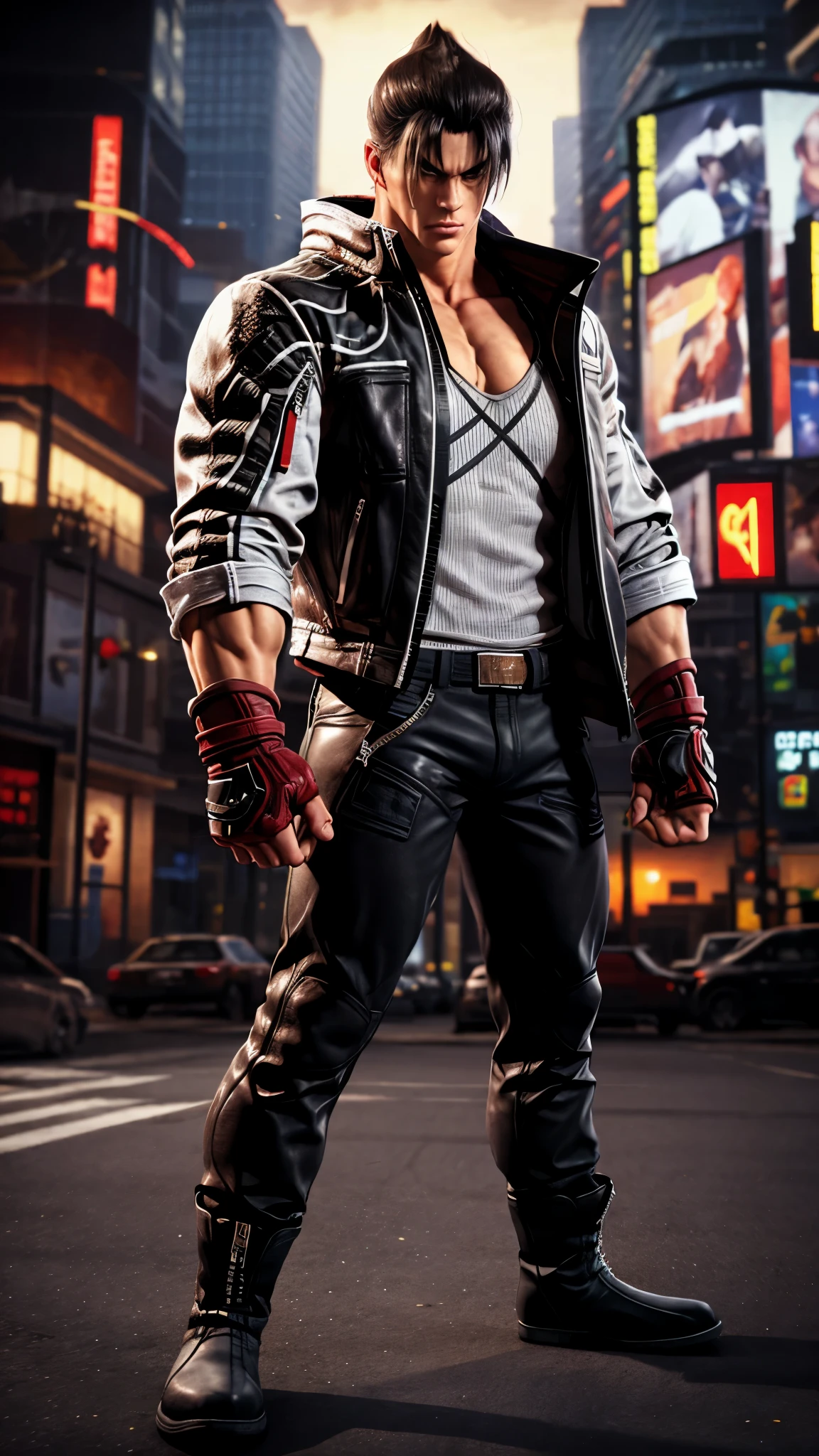 male focus, jin kazama, jacket, zipper, fighting stance, pants, fingerless gloves, shirt, boots, upper body
masterpiece, best quality, absurdres,