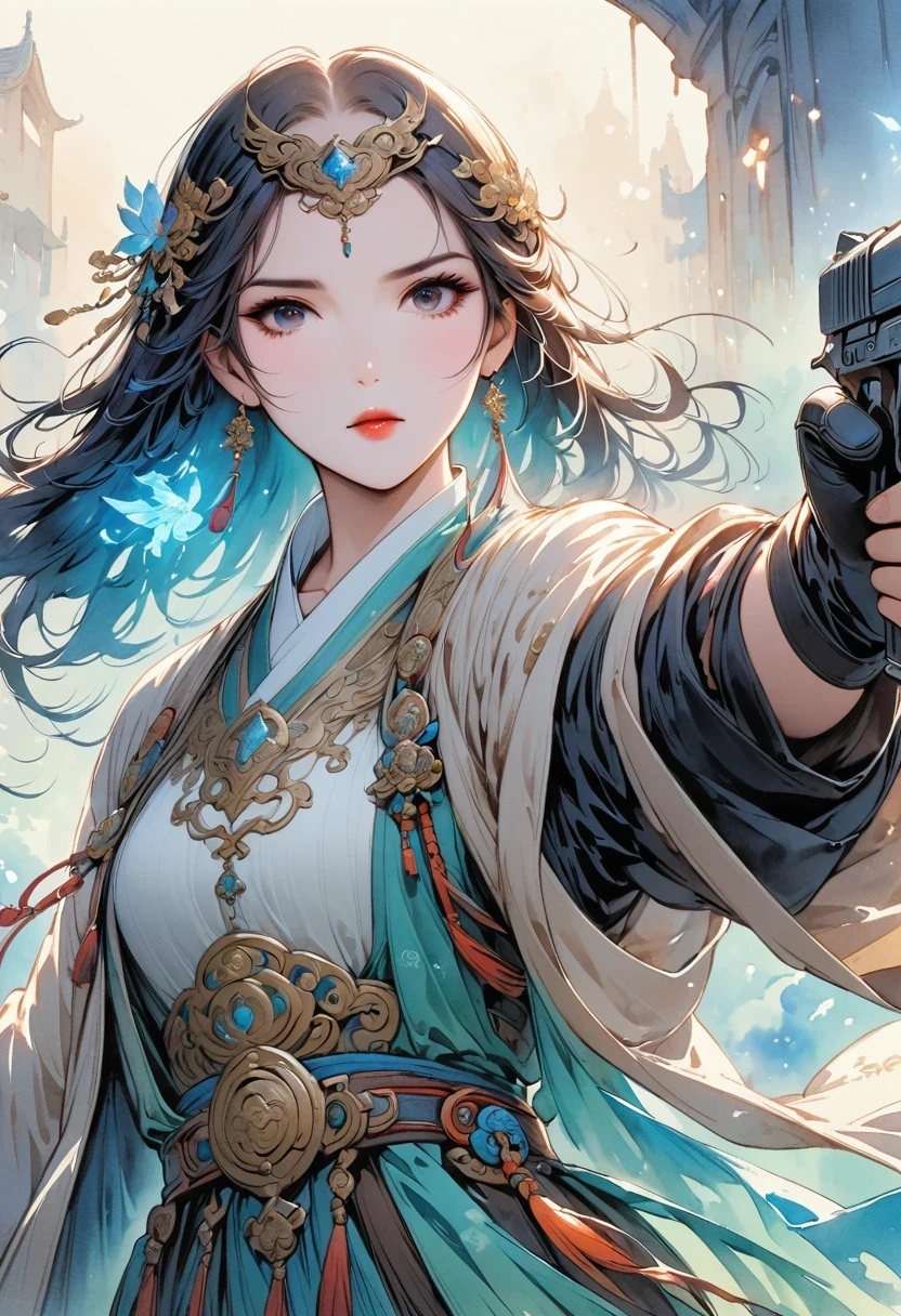 Detailed cowboy shot depicting cartoon style standing Chinese monk. He is wearing black gloves，(bald:1.5), Wearing a Hanfu robe, His hands hold the gun confidently，Directly to the audience, his eyes full of focus. His costume includes green boots, The scene is illuminated by blue lights, Create a dreamy atmosphere. The image should capture the intricate details of his robes and expression, Emphasize that monks are energetic、Passionate character. The style is comic watercolor, very exciting, Blending realism with fantasy.