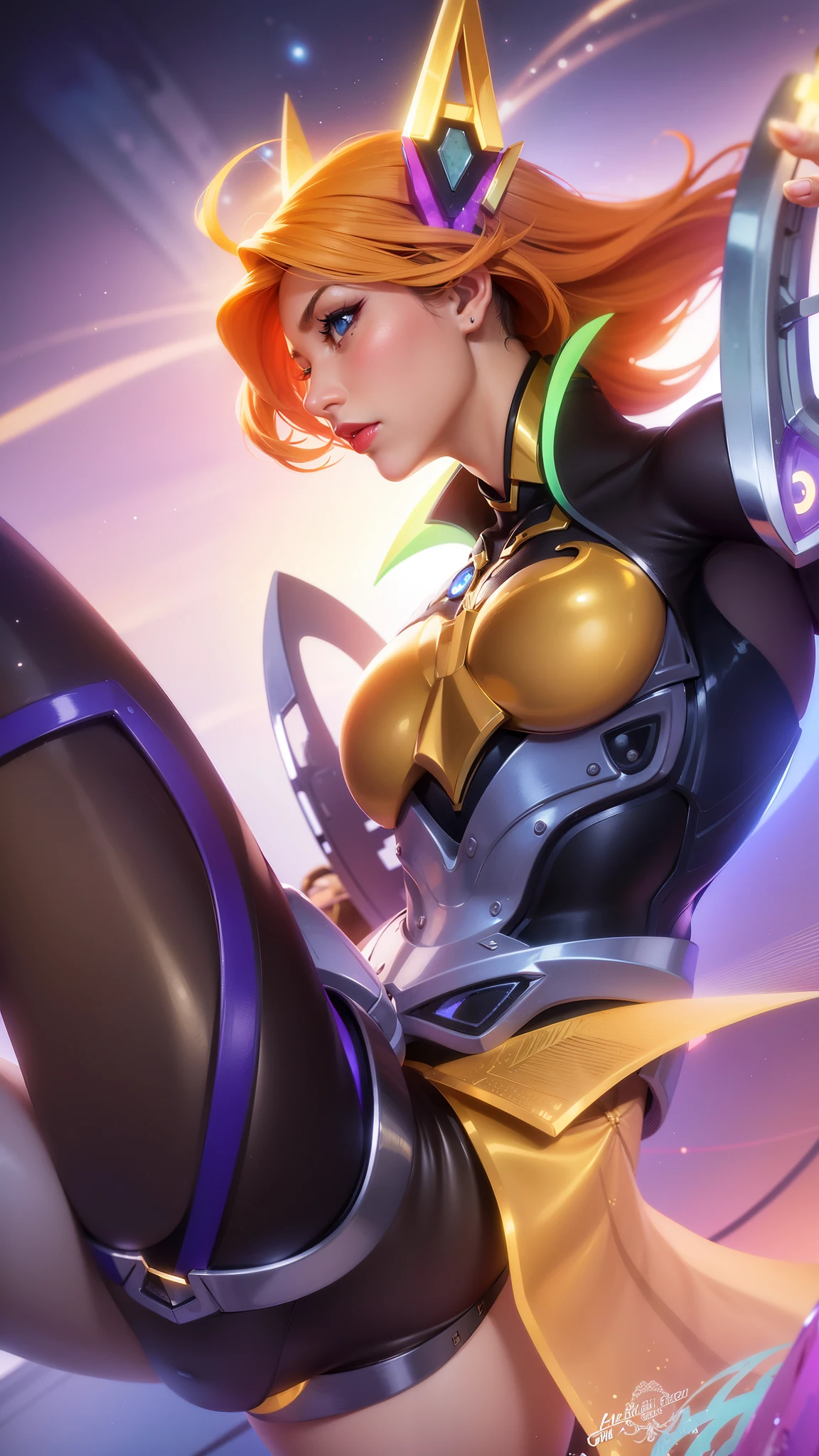 (female:1.2), 8k, ultra hd, ultra detailed texture, hyper realistic, masterpiece, detailed texture, detailed face, detailed skin, detailed lighting, (photorealistic:1.5), best quality, beautiful lighting, cinematic lighting, professional lighting, ultra highres, realistic, detailed hair, real hair, high quality, (realskin:1.5), extremely detailed, finely detail, ultra-detailed, 1girl, solo, floating, (blue eyes), glowing eyes, red lips, v-shapped eyes, closed mouth, angry, colored skin, dark skin, purple skin, nose, pretty, beautiful, make up, evil smile, short hair, blonde hair bangs, large breasts, thigh, pauldrons, black pants, belt, purple coat, mechanical wings, armor shoulder, gloves, eudora \(mobile legends\), depth of field, looking aways, skin tight, amazing pose, glowing electric, lighting, cinematic background, elf ear