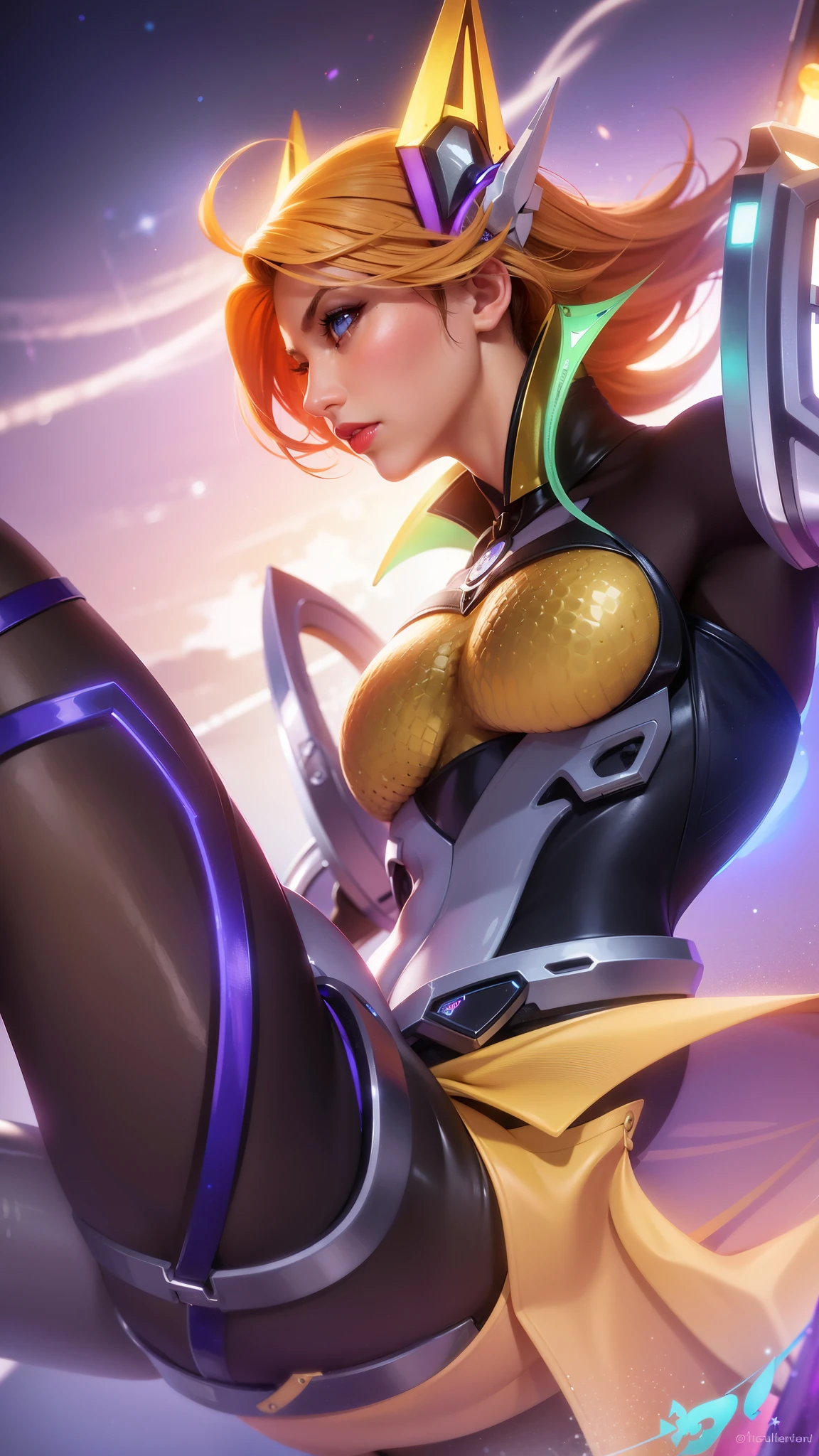 (female:1.2), 8k, ultra hd, ultra detailed texture, hyper realistic, masterpiece, detailed texture, detailed face, detailed skin, detailed lighting, (photorealistic:1.5), best quality, beautiful lighting, cinematic lighting, professional lighting, ultra highres, realistic, detailed hair, real hair, high quality, (realskin:1.5), extremely detailed, finely detail, ultra-detailed, 1girl, solo, floating, (blue eyes), glowing eyes, red lips, v-shapped eyes, closed mouth, angry, colored skin, dark skin, purple skin, nose, pretty, beautiful, make up, evil smile, short hair, blonde hair bangs, large breasts, thigh, pauldrons, black pants, belt, purple coat, mechanical wings, armor shoulder, gloves, eudora \(mobile legends\), depth of field, looking aways, skin tight, amazing pose, glowing electric, lighting, cinematic background, elf ear