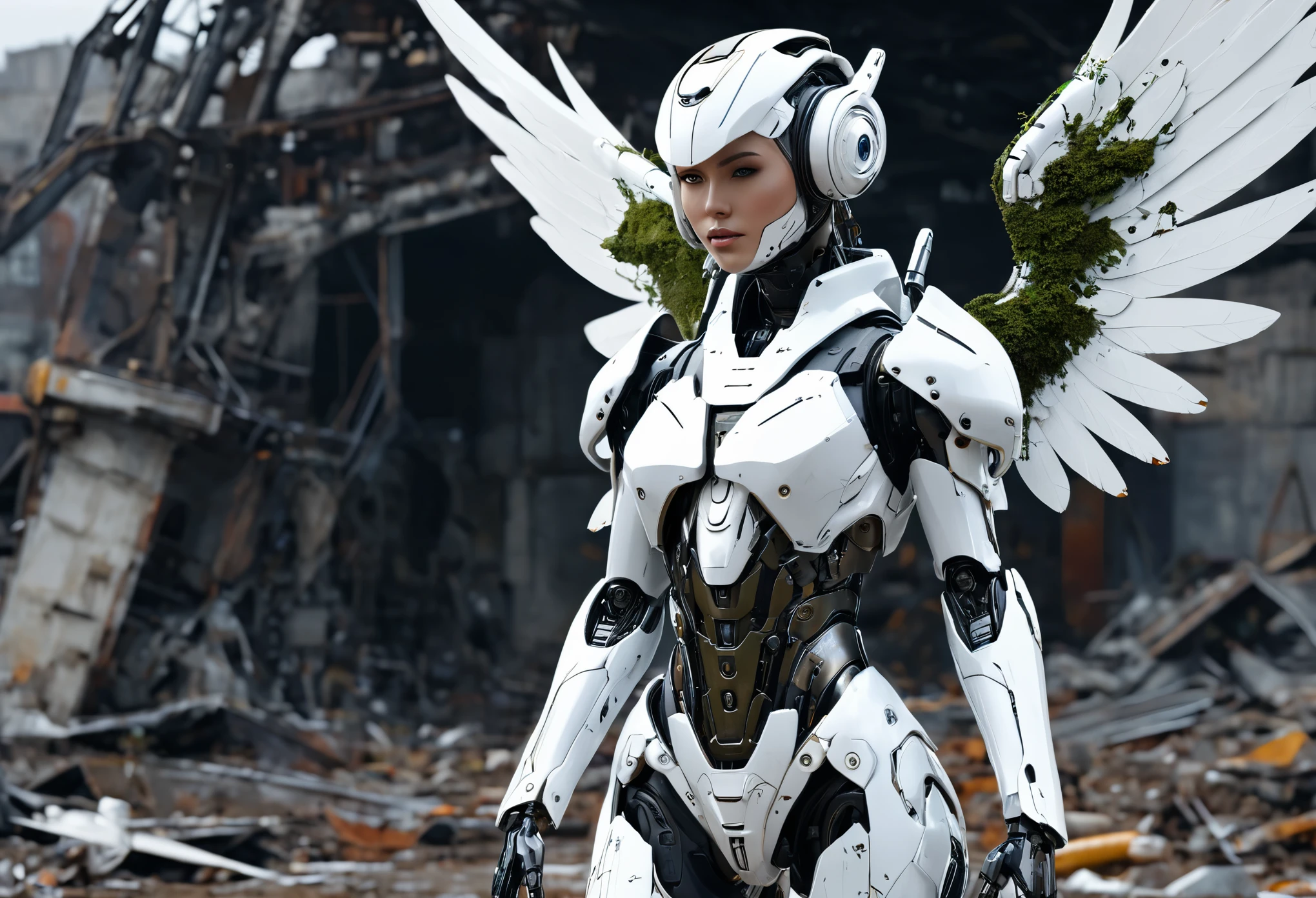 ((masterpiece, highest quality, Highest image quality, High resolution, photorealistic, Raw photo, 8K)), Abandoned robot soldier on battlefield, broken and immobile, futuristic robot angel, amazing angel wings, rust and moss showing passage of time, female cyborg body, female body, biomechanical , extra detailed body, blowjob white mech, white biomechanical details, detailed body, shiny white armor, cybernetic body, eva unit-00 on back, full body details, beautiful cyborg angel girl, graceful wings, outdoor, destroyed abandoned city background, Full Body Shot