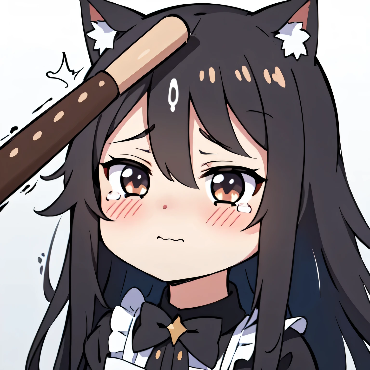 Masterpiece, 8k, Best Quality, Highly detailed, depth of field, 1girl, gray eyes, baseball bat, (hit on the head:1.4), cat ears, maid, long brown hair,  expressive eyes, perfect face, blushing, wavy mouth, tearing up, tears, HornyJail,  chibi, emoji, icon, white background, 