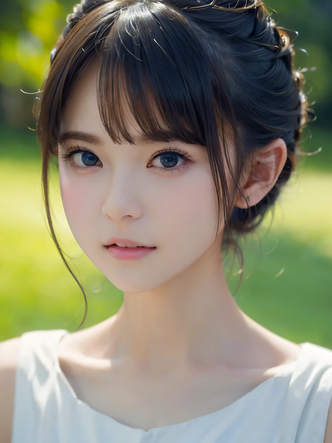 short hair、grassland、(You can see both sides:1.6)、(from the chest up:1.6)、laughter、Close-up portrait of a girl wearing white sleeveless top dress and earrings, soft portrait shot 8k, nice delicate face, High quality 4K portraits, high quality portrait, soft and perfect white skin, 8K highly detailed face, beautiful and delicate face, beautiful light big eyes, beautiful and realistic face, with a beautiful girl, beautiful and realistic face, cute girl