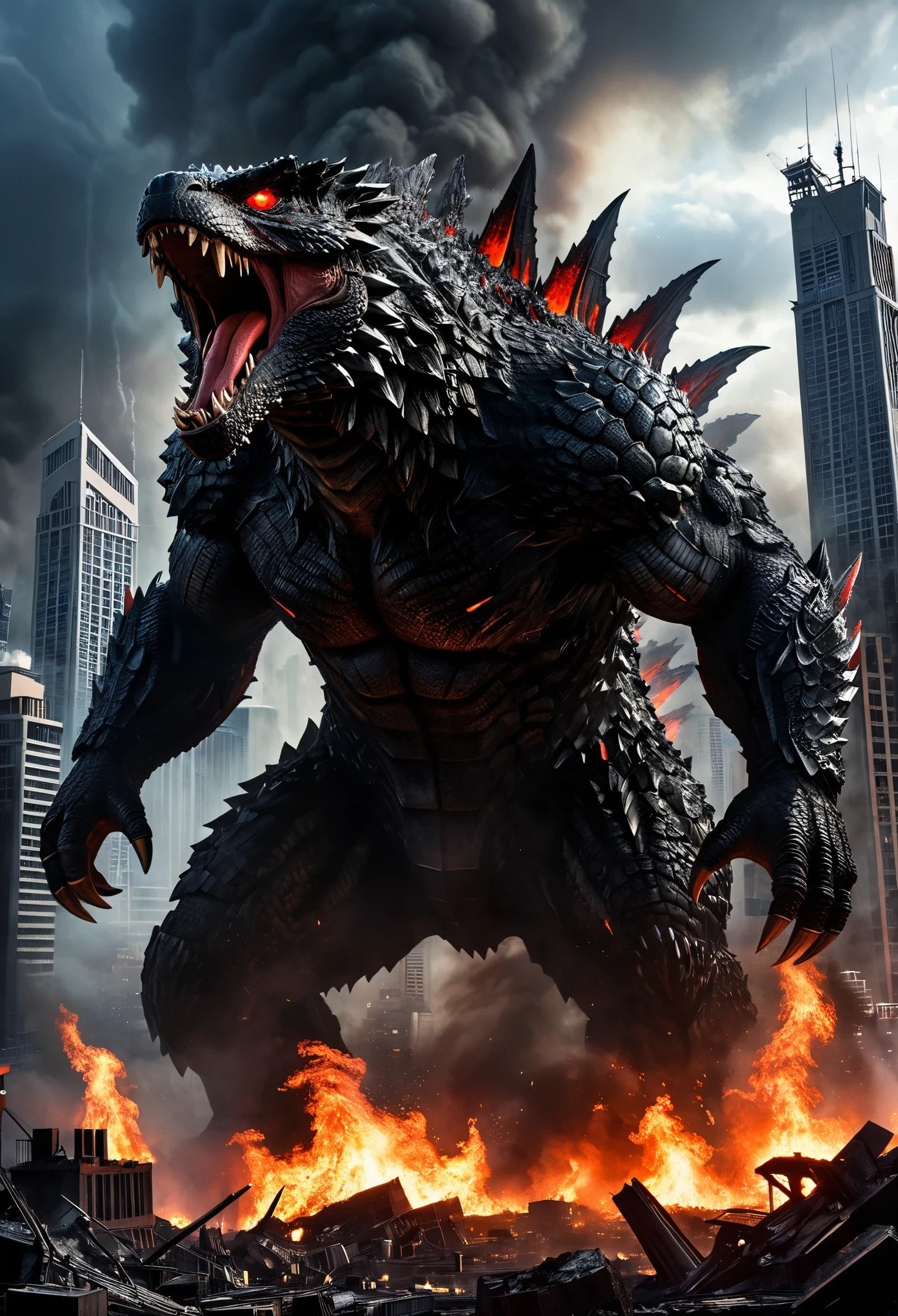 (giant monstrous creature:1.1,roaring,destructive,city destruction:1.1,dark cityscape:1.2,city on fire,destroyed buildings,explosions,smoke,chaos,dramatic lighting:1.1,dramatic clouds,massive reptilian monster emerging:1.1,detail scales,menacing expression,glowing red eyes,sharp teeth and claws,scaly skin:red,black,gray tones,dramatic perspective:1.1,city in the background,charred landscape,towering skyscrapers,helicopters circling the monster,frightened people:1.1,running,hiding,looking up in awe,fighter jets,immense power and strength,dark and epic aesthetic,eerie atmosphere,movie title:1.1,'Godzilla',release date,cast,production company)