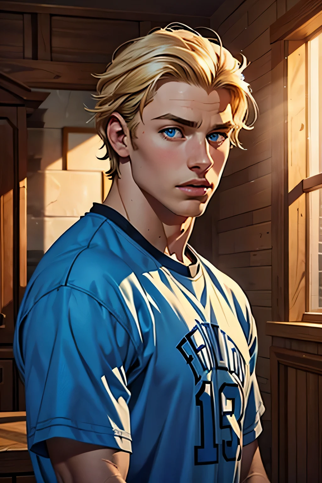 Anime-style 16-year-old blonde boy with blonde hair, with blue and white shirt, sitting on the floor and on the edge of the beach --auto --s2