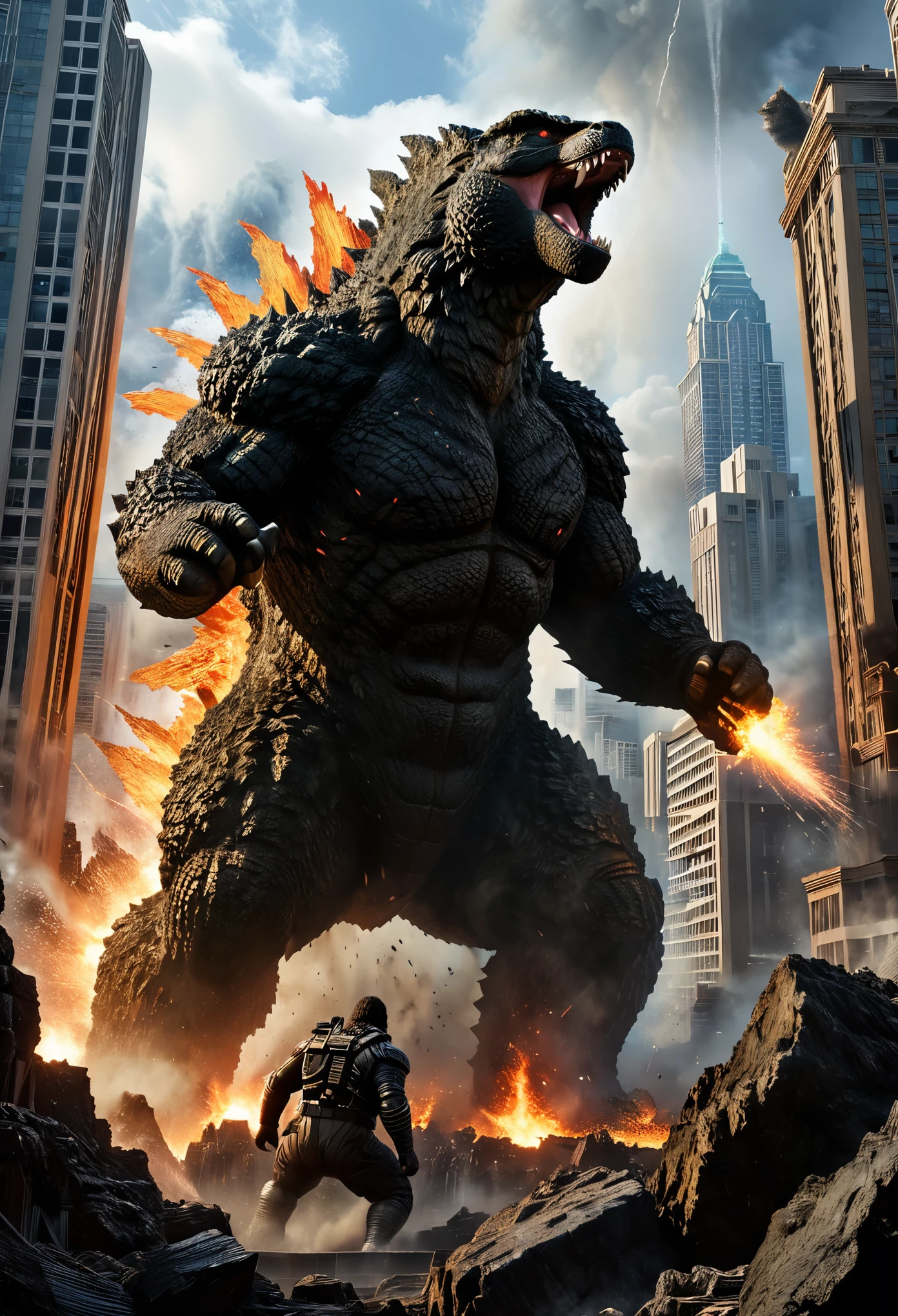 (best quality,4k,8k,highres,masterpiece:1.2),ultra-detailed,(realistic,photorealistic,photo-realistic:1.37),a fierce battle,(Godzilla:1.5) and Kong,(massive,devastating) destruction,(intense,heart-pounding) action,(powerful,earth-shattering) impact,skyscrapers crumbling,roaring and stomping,(giant,monstrous) creatures,chaotic cityscape in ruins,King Kong's gigantic fists,Godzilla's (lethal,burning) breath,fiery explosions,(dramatic,epic) confrontation,buildings collapsing,debris flying in the air,smoke and dust engulfing the scene,ferocious claws and teeth,(tense,suspenseful) atmosphere, adrenaline-filled, colossal force,unleashed power,mythical creatures,vivid colors,lights flickering and dimming,shattered windows and broken glass, intense physicality,monumental strength,earthquake-like tremors,monstrous shadows,terrified onlookers,power struggle,desperate battle for supremacy,unyielding determination (and courage),(action-packed,spectacular) showdown,mind-blowing visual effects,temporary truce between the giants,final clash of two titans.