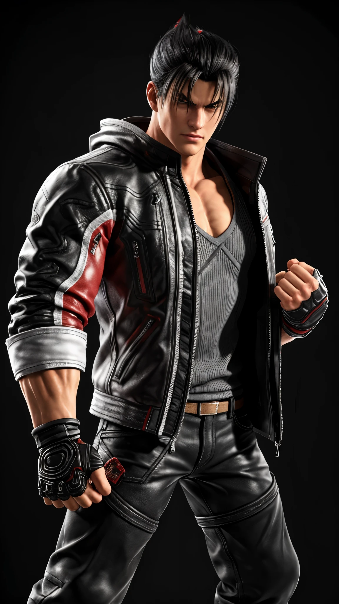 masterpiece, best quality, male focus, jin kazama, jacket, zipper, fighting stance, fingerless gloves, shirt, 