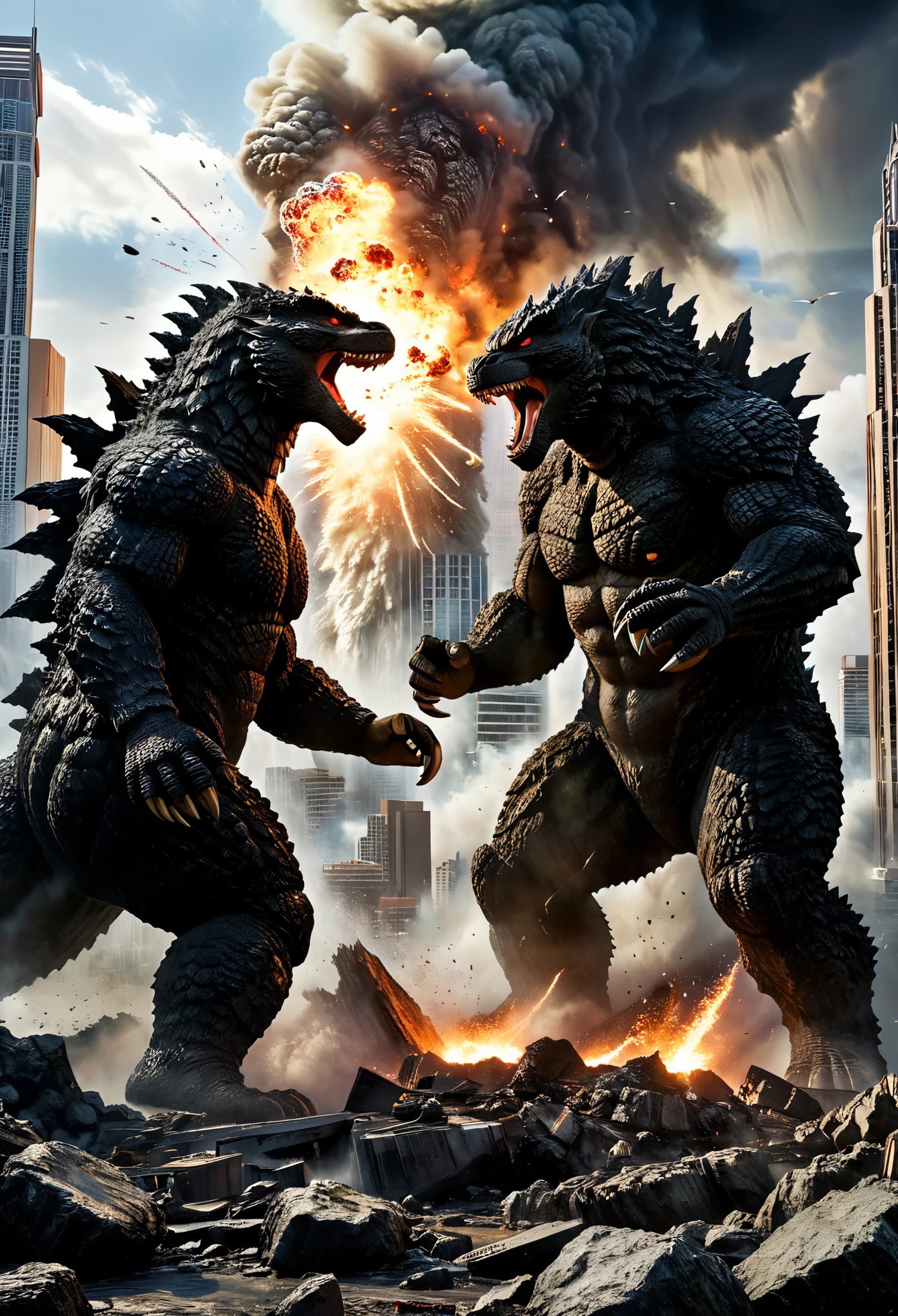 (best quality,4k,8k,highres,masterpiece:1.2),ultra-detailed,(realistic,photorealistic,photo-realistic:1.37),a fierce battle,(Godzilla:1.5) and Kong,(massive,devastating) destruction,(intense,heart-pounding) action,(powerful,earth-shattering) impact,skyscrapers crumbling,roaring and stomping,(giant,monstrous) creatures,chaotic cityscape in ruins,King Kong's gigantic fists,Godzilla's (lethal,burning) breath,fiery explosions,(dramatic,epic) confrontation,buildings collapsing,debris flying in the air,smoke and dust engulfing the scene,ferocious claws and teeth,(tense,suspenseful) atmosphere, adrenaline-filled, colossal force,unleashed power,mythical creatures,vivid colors,lights flickering and dimming,shattered windows and broken glass, intense physicality,monumental strength,earthquake-like tremors,monstrous shadows,terrified onlookers,power struggle,desperate battle for supremacy,unyielding determination (and courage),(action-packed,spectacular) showdown,mind-blowing visual effects,temporary truce between the giants,final clash of two titans.