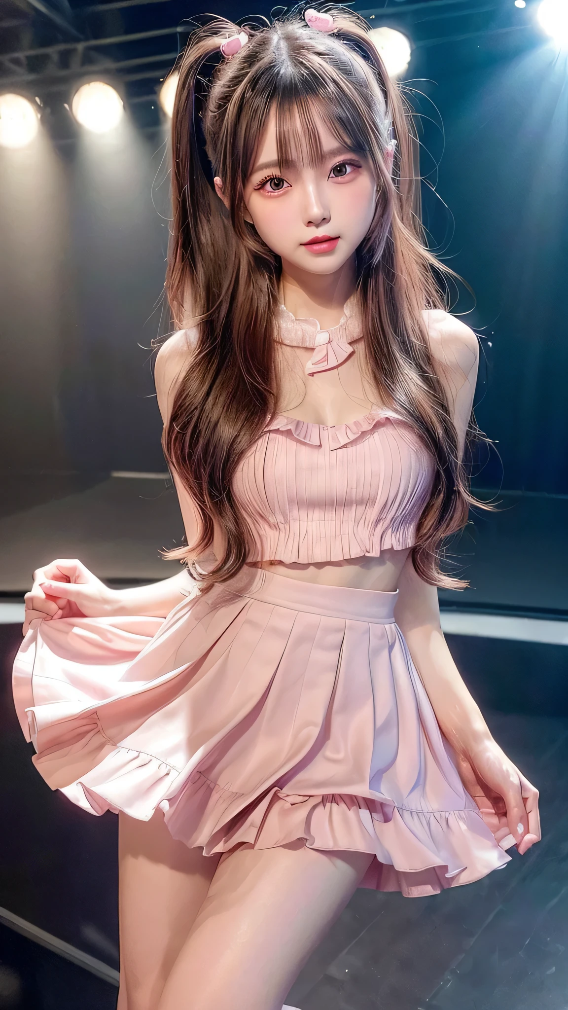 blush,small breasts,************,long hair ponytail,on stage,Are standing,close up of face,((8K, Raw photo, best quality, muste piece:1.2), (Reality, photorealistic:1.4), (Highly detailed 8K wallpaper), Depth of the bounds written, cinematic lighting, soft light, detailed beauty eye,Shiny and smooth light brown ponytail, asymmetrical bangs, shiny skin, super detailed skin ,high resolution, high detail, detailed hairstyle, detailed beauty face, hyper real, perfect limbs, perfect anatomy ,1 Japanese girl,famous japanese idol, perfect female body,shy smile,short eyelashes,double-edged eyelids,look straight here,Hair style is ponytail、Pink colored long dress with lots of ruffles, softly shaped skirt, standing on stage,pink ribbon on head,She wears a long skirt with lots of frills.,Neat clothes