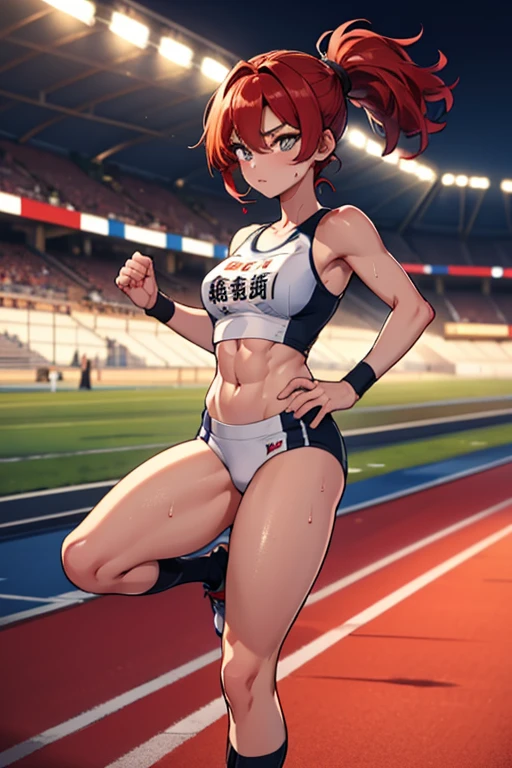 masterpiece、8K、beautiful girl,Athletics stadium at night、sunny,track and field athlete,running in a hurry,Clearly depict the contours of the face,Describe the whole body,beautiful posture,red hair、Sweat、oily skin、ponytail、fine skin、abs、Both hands clenched into fists、left foot in front of body、right foot behind body、right arm in front of body、The left arm is behind the body