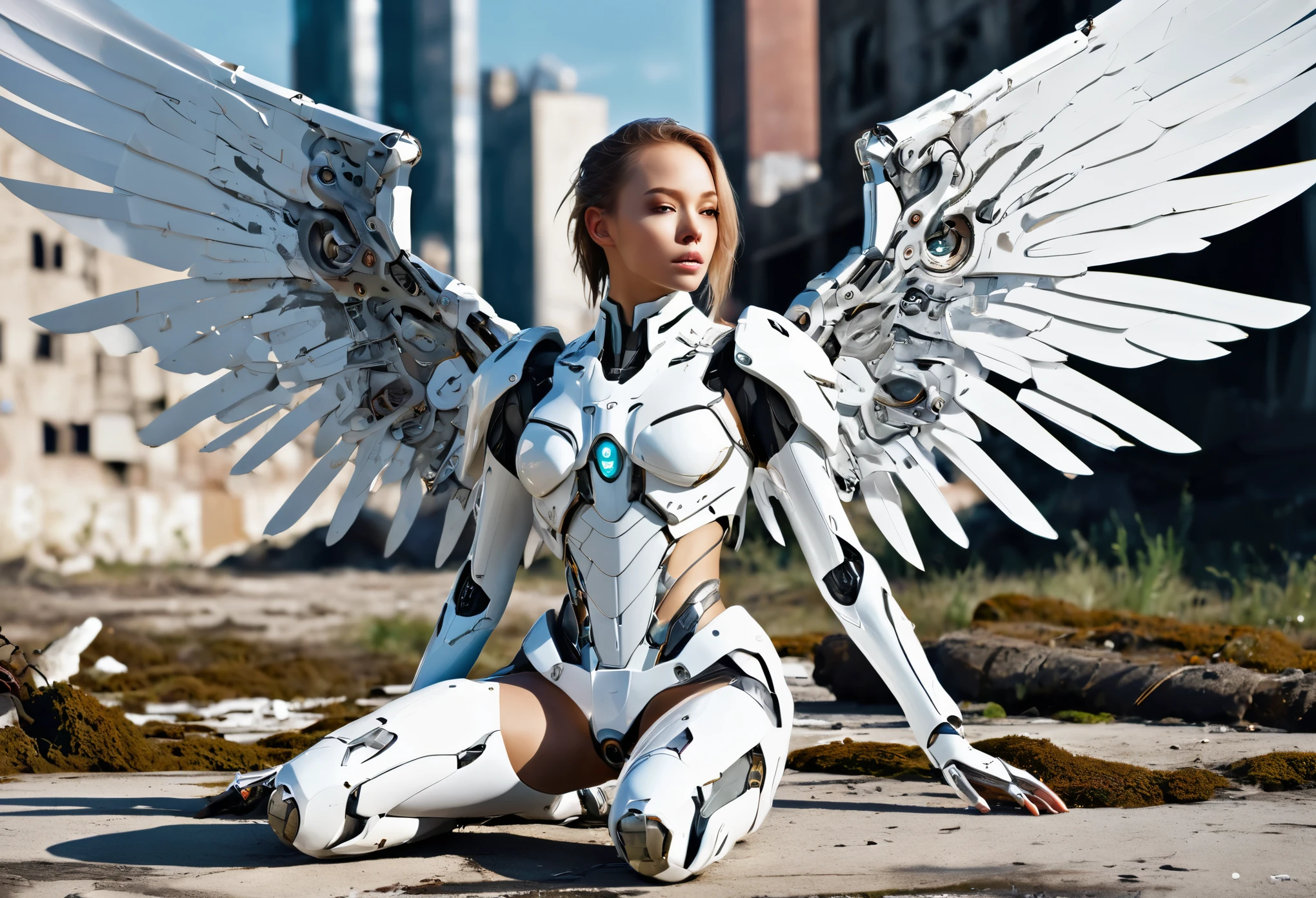 ((masterpiece, highest quality, Highest image quality, High resolution, photorealistic, Raw photo, 8K)), Abandoned robot soldier on battlefield, broken and immobile, futuristic robot angel, amazing angel wings, rust and moss showing passage of time, female cyborg body, female body, biomechanical , extra detailed body, blowjob white mech, white biomechanical details, detailed body, shiny white armor, cybernetic body, eva unit-00 on back, full body details, beautiful cyborg angel girl, graceful wings, outdoor, destroyed abandoned city background, Full Body Shot