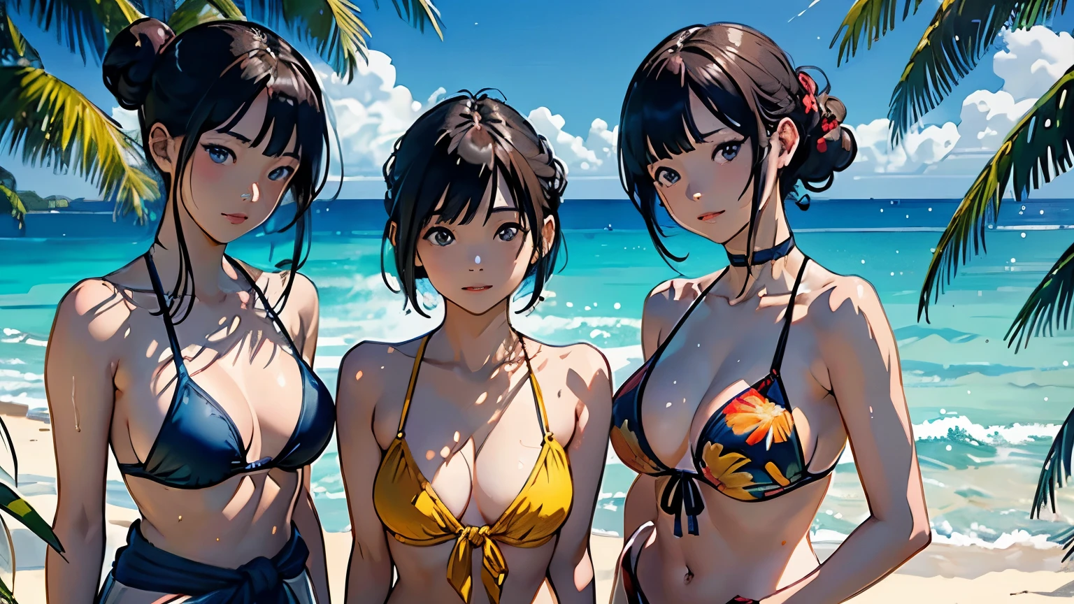 ((highest quality, masterpiece, High resolution))、((anime art))、beautiful japanese woman、((three women))、(The three of us are good friends)、23 years old、cute face、medium short hair、semi-long、bun hair、 ((Detailed depiction of a beautiful face))、smile gently、young、bikini swimwear、one piece swimsuit、 small breasts、slim body shape、photorealistic perfect body、(A pareo made of primary colors is tied around the waist.)、realistic skin、Wet、whole body、cinematic light、particles of light、tropical、Against the background of palm trees、on a sunny beach、With the sea in the background、blur background、