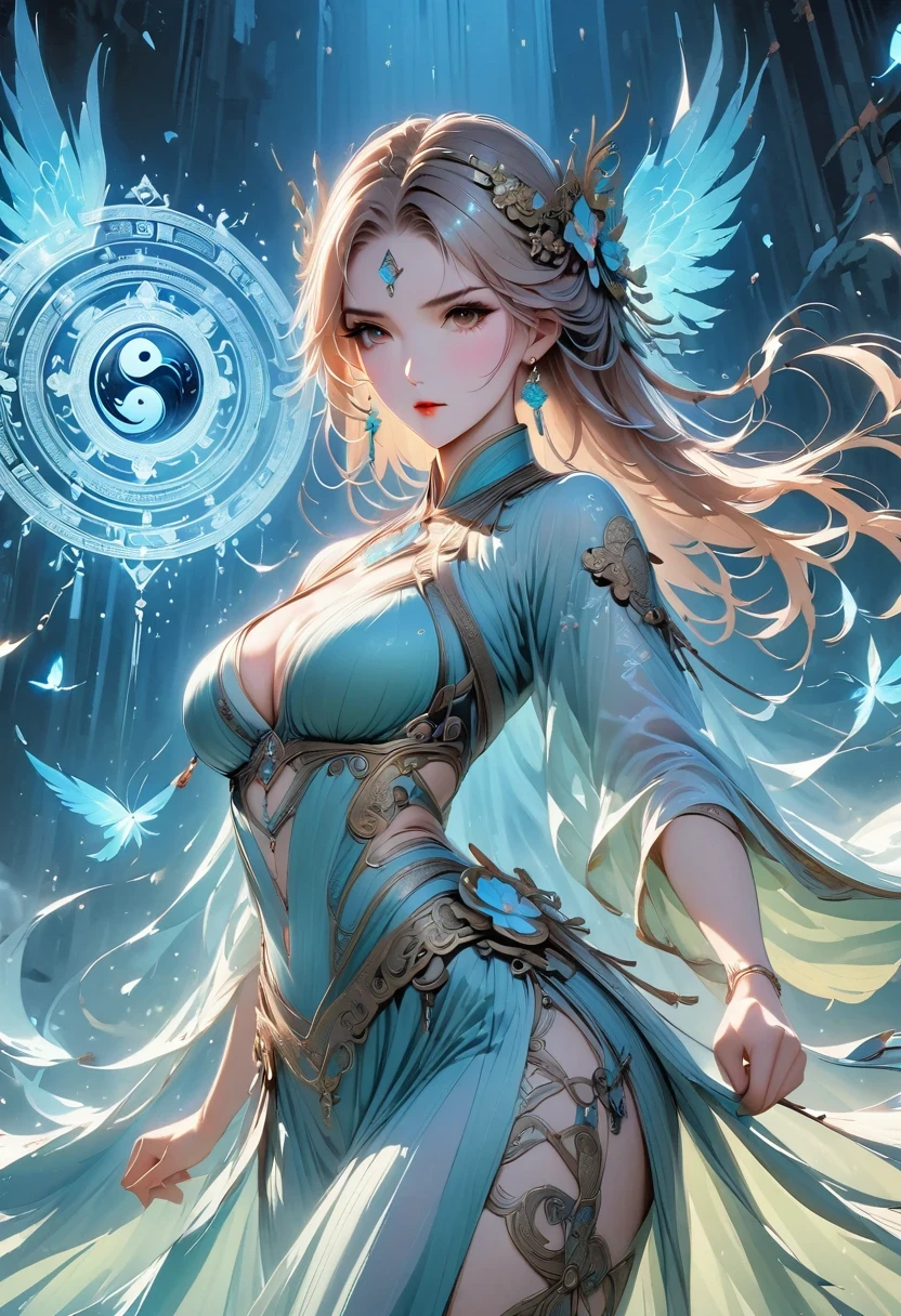 magic circle,best quality,4K,8K,high resolution,masterpiece:1.2,Super detailed,actual,acrylic style,Tai Chi, yin yang, Gossip,3D rendering,The transparent and charming female Taoist priest meditates in yoga,Light and shadow photography,(background:An unusually large number of magical kanji spells rained down),