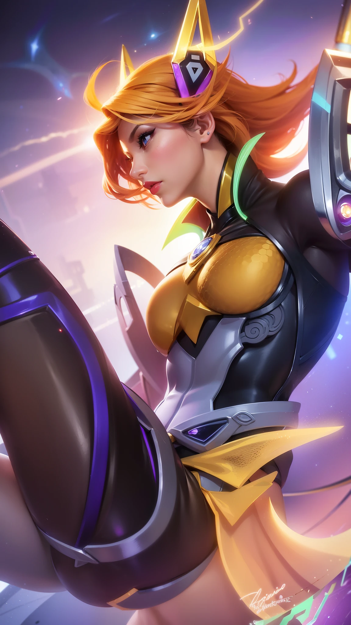(female:1.2), 8k, ultra hd, ultra detailed texture, hyper realistic, masterpiece, detailed texture, detailed face, detailed skin, detailed lighting, (photorealistic:1.5), best quality, beautiful lighting, cinematic lighting, professional lighting, ultra highres, realistic, detailed hair, real hair, high quality, (realskin:1.5), extremely detailed, finely detail, ultra-detailed, 1girl, solo, floating, (blue eyes), glowing eyes, red lips, v-shapped eyes, closed mouth, angry, colored skin, dark skin, purple skin, nose, pretty, beautiful, make up, evil smile, short hair, blonde hair bangs, large breasts, thigh, pauldrons, black pants, belt, purple coat, mechanical wings, armor shoulder, gloves, eudora \(mobile legends\), depth of field, looking aways, skin tight, amazing pose, glowing electric, lighting, cinematic background, elf ear.