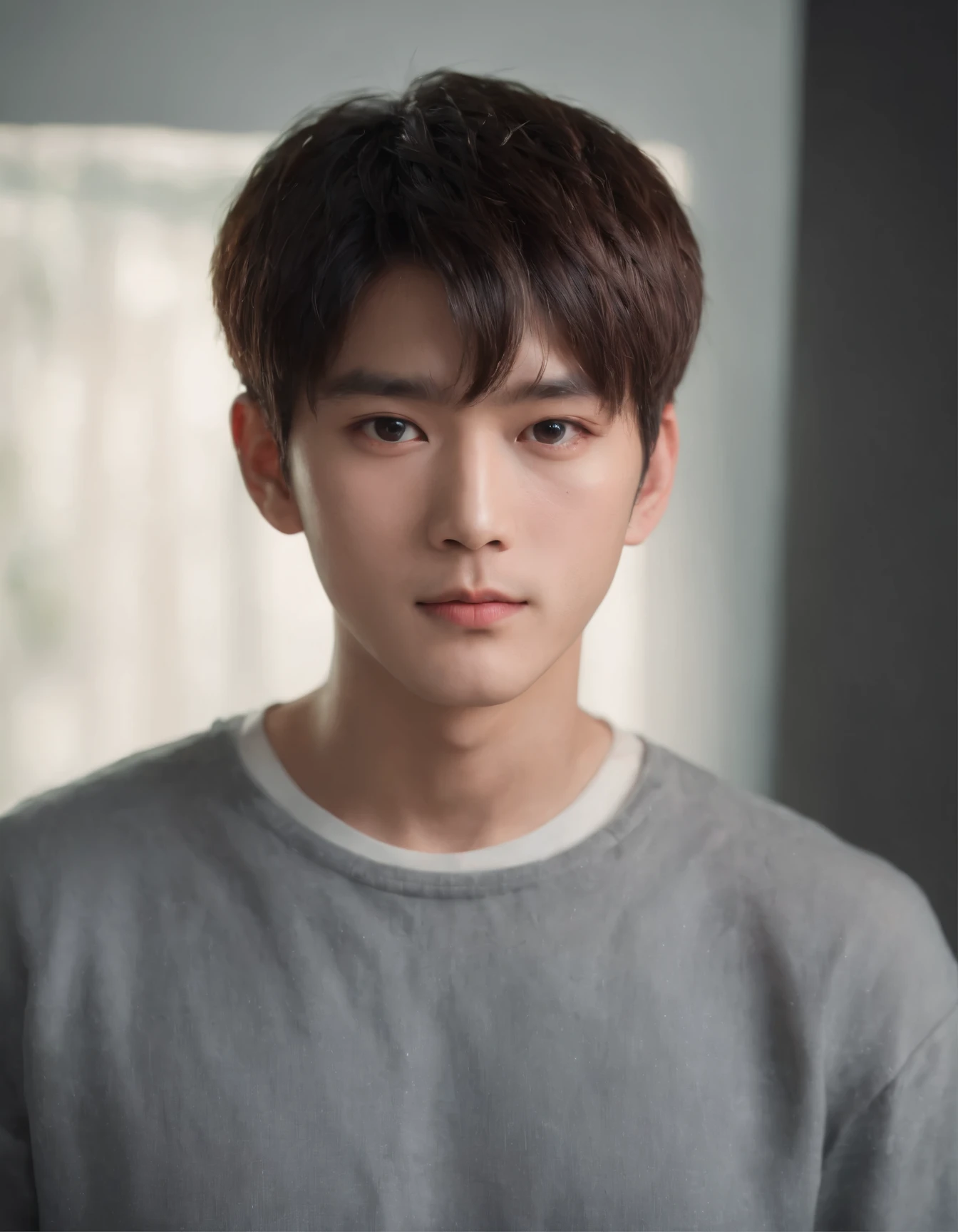 A pretty Asian man with a strong face and sharp eyes. dark haar bowl cut. The portrait is focused on his face, Close-up shot with 85mm. he is looking straight into the camera. The boy looks like Hwang Hyun Jin and Lee Jong Suk. Artwork is created using high quality materials, oil paintings, digital renderings, etc.. The image is、with very detailed featureust have a realistic and photorealistic quality. lighting is balanced, Highlights the boy's facial structure、Bring out vibrant colors in your work. The overall tone should be warm and attractive.