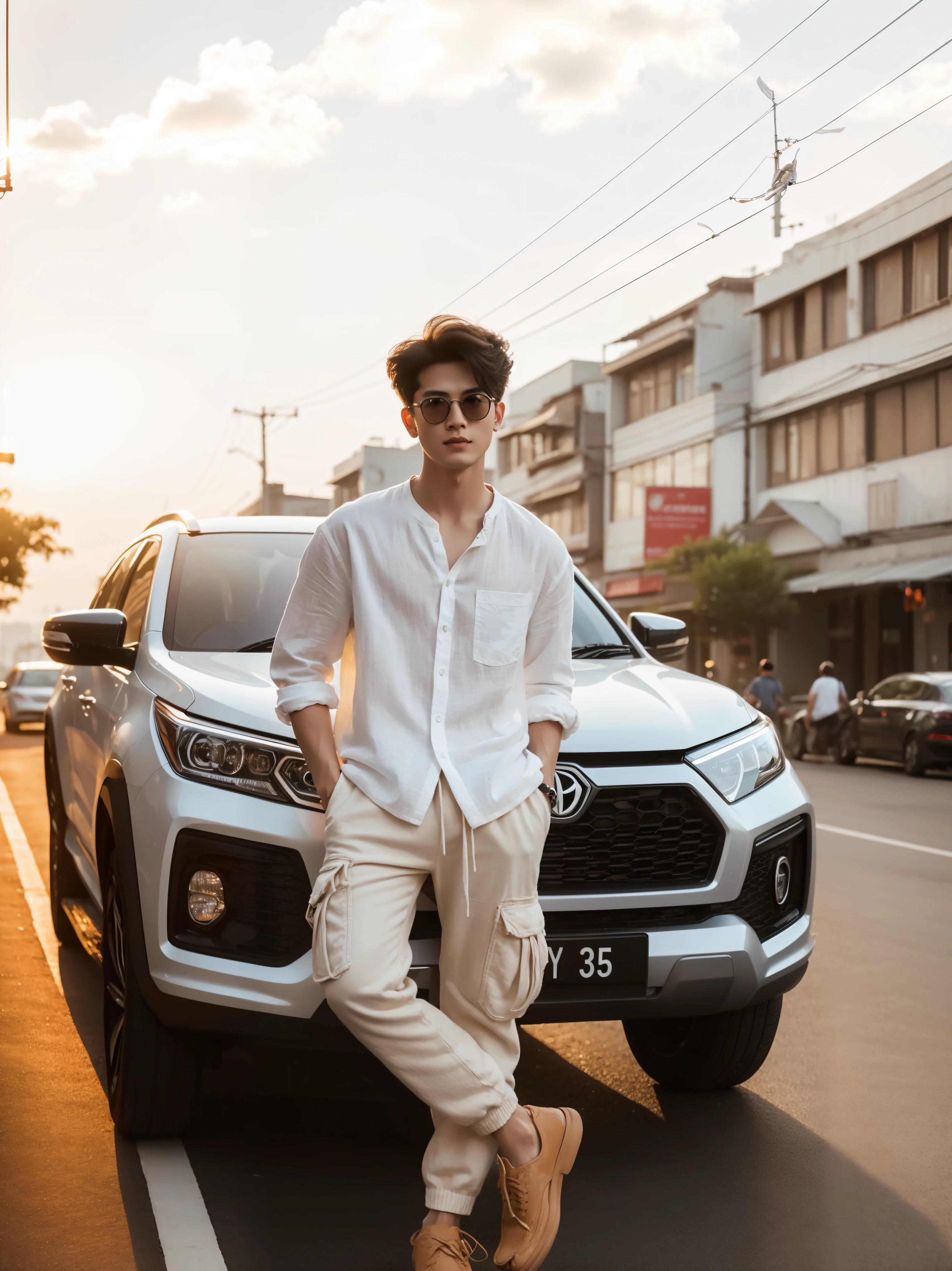 arafed man in white shirt and white pants standing next to a silver suv, mid shot portrait, wearing a linen shirt, handsome man, medium shot portrait, handsome, handsome chad chin, taken at golden hour, thawan duchanee, casual clothing style, vehicle photography, mohamed chahin style, with sunset, quy ho, fanart, in city street