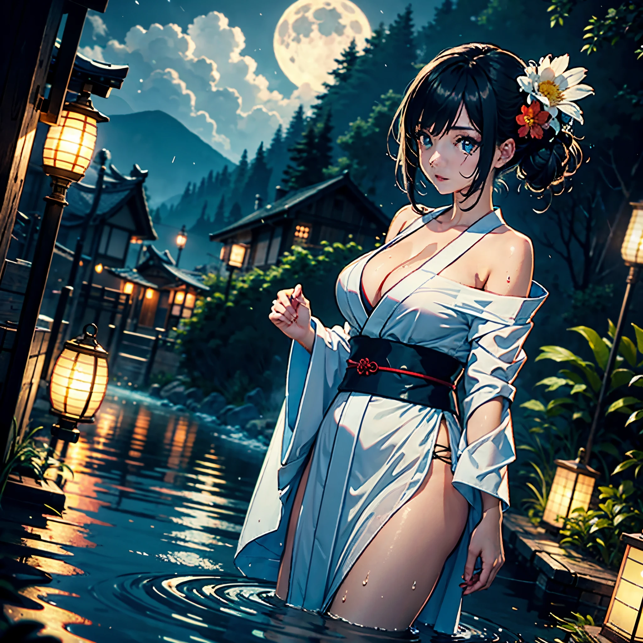 1girl, breasts, moon, lantern, night, solo, large breasts, hair ornament, wet, kimono, japanese clothes, wading, water, hair flower, flower, outdoors, sky, full moon, rain, black hair, off shoulder, mountain, cloud, holding, sash, bare shoulders, paper lantern, standing, white kimono, night sky, sideboob, obi, wet clothes, bangs, tree, from side, reflection, short hair, cloudy sky, wet hair (((masterpiece),(extremely detailed CG unity 8k wallpaper),best quality,,solo,1girl,cinematic lighting,detailed background,beautiful detailed eyes,bright pupils, (an extremely delicate and beautiful),(Beautiful and detailed eye description)， ultra-detailed,masterpiece,)),