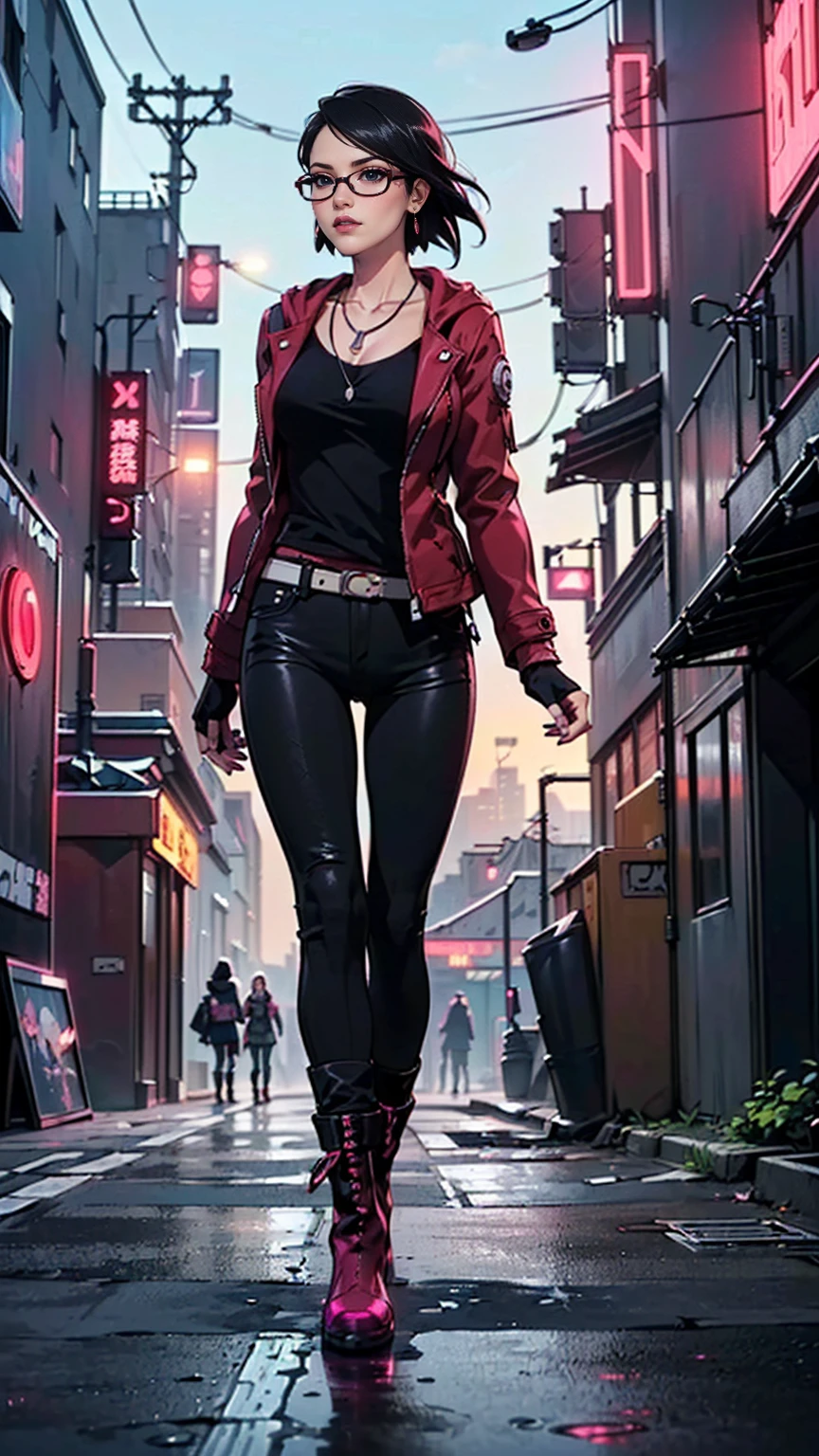 ((1girl, solo ,alone, Sarada Uchiha, short hair, (( Fingerless gloves, (black eyes), glasses)), uchiha sarada)), ((solo, 1woman, pink lipstick, Extremely detailed, ambient soft lighting, 4k, perfect eyes, a perfect face, perfect lighting, a 1girl)) austere, ((anime girl, ((women's long ankle boots, dark red jacket, long jacket, black pants, ruby earrings, necklace)), cyberpunk anime girl, cyberpunk in hoodie, badass anime, cute cyberpunk girl, cyberpunk streets in, cyberpunk style, cyberpunk white outfit, oppai cyberpunk, full cosplay, ((sharp face)), official art, beautiful, mature, walking in the street))
