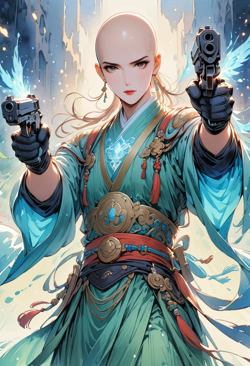 Detailed cowboy shot depicting cartoon style standing Chinese monk. He is wearing black gloves，(bald:1.5), Wearing a Hanfu robe, His hands hold the gun confidently，Directly to the audience, his eyes full of focus. His costume includes green boots, The scene is illuminated by blue lights, Create a dreamy atmosphere. The image should capture the intricate details of his robes and expression, Emphasize that monks are energetic、Passionate character. The style is comic watercolor, very exciting, Blending realism with fantasy.