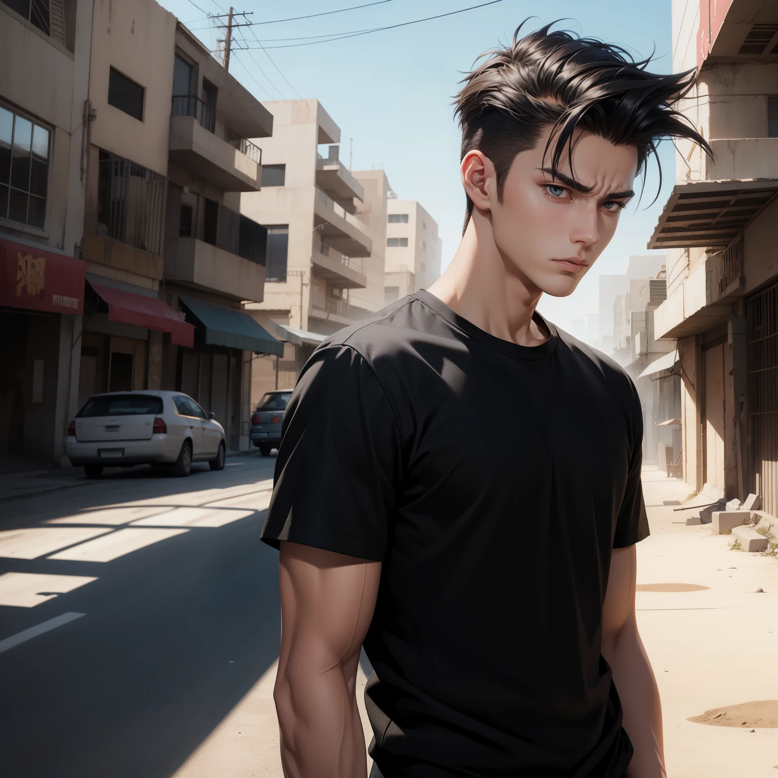 Realistic Anime style, Handsome boy, cool boy, sad face, Black shirt, Quiff hairstyle, Destroyed desert city background