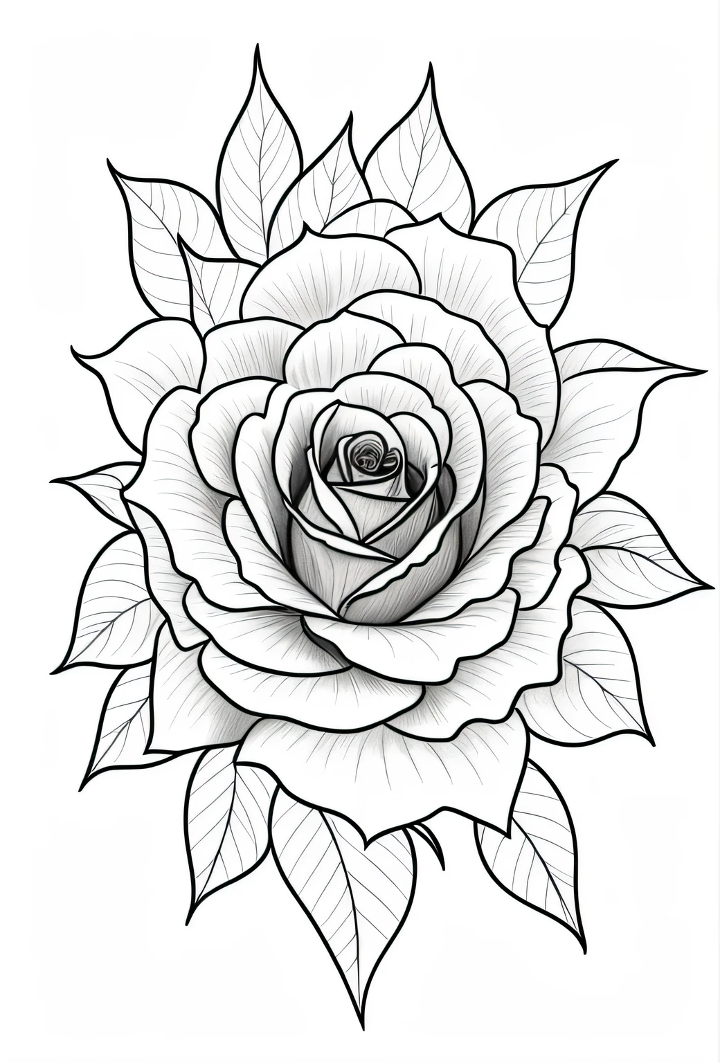 rose tattoo designs, coloring book outline, tattoo design sketch, extremely fine ink lineart, medium sized tattoo sketch, line drawing tattoos, immaculate shading, outline drawing, coloring book page, highly detailed sketch, outline sketch, tattoo design, detailed but rough, large rose flower head, detailed line art, rose tattoo, black and white color only, ink outline, inked drawing