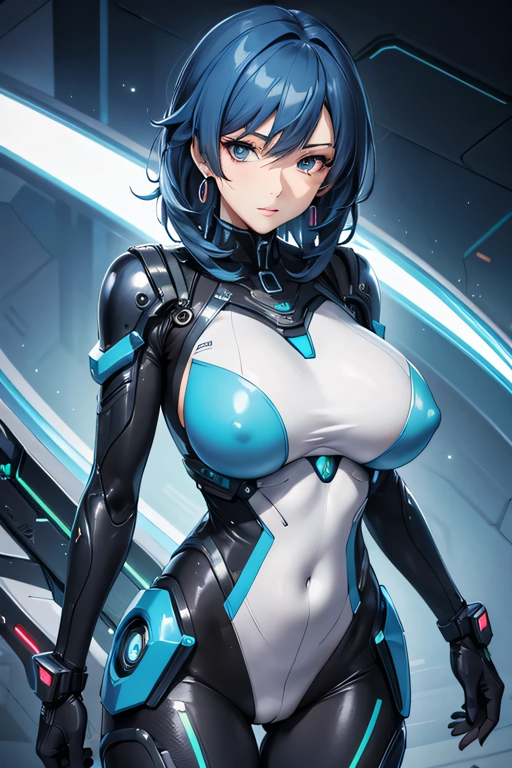 Milf, woman in a futuristic suit, highly detailed face, cool, mom, tomboy, very large breast, (Milf), mature face, (mature female), cybersuit, anime girl wearing tight suit, milfication, Elegant body, navel focus, naked body, gloves, earrings, science fiction, female protagonist, standing, volumetric light, detailed lighting, detailed textures, oppai cyberpunk, biomechanical oppai, masterpiece, best quality eyes, sci-fi background, futuristic landscape, low angle, (smooth surface), (simple body suit), blue hair