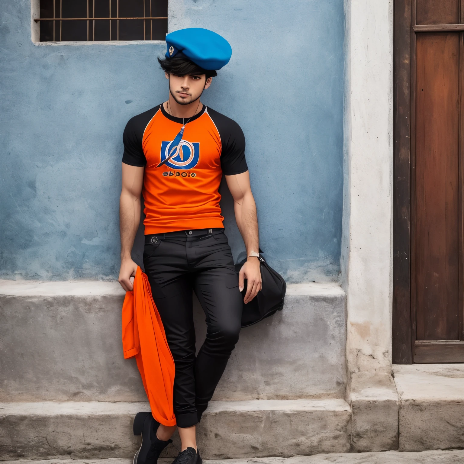 Un joven masculino de pelo azul Marino con los pelos de punta ojos rojos y utilizando un gorro negro de comandante con una cruz blanca tiene ropa negra con mangas naranja con rayas negras pantalon y zapatos negros tiene una capa negra y guantes blancos y lleva un parche negro con una X blanca en el ojo derecho