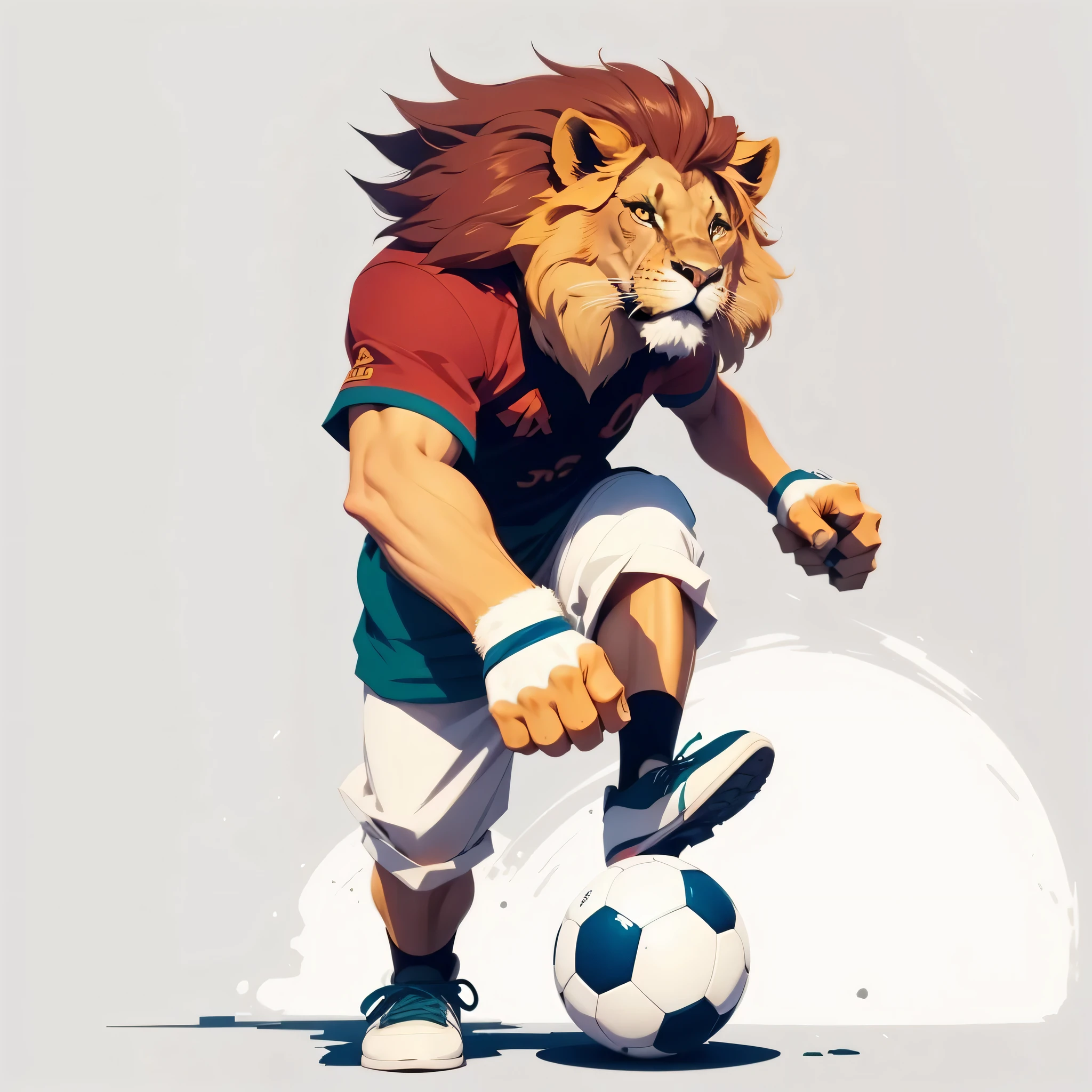 illustration of a lion kicking a futebol ball with his foot, 2d full body lion, half lion, amazing wallpaper, mascote do futebol, animation illustrative style, no estilo de Kyrill Kotashev, futebol, lions, drible, futebol player, fanart de alta qualidade, papel de parede ilustrativo 4k hd, official fan art, Animation style, mascote do esporte